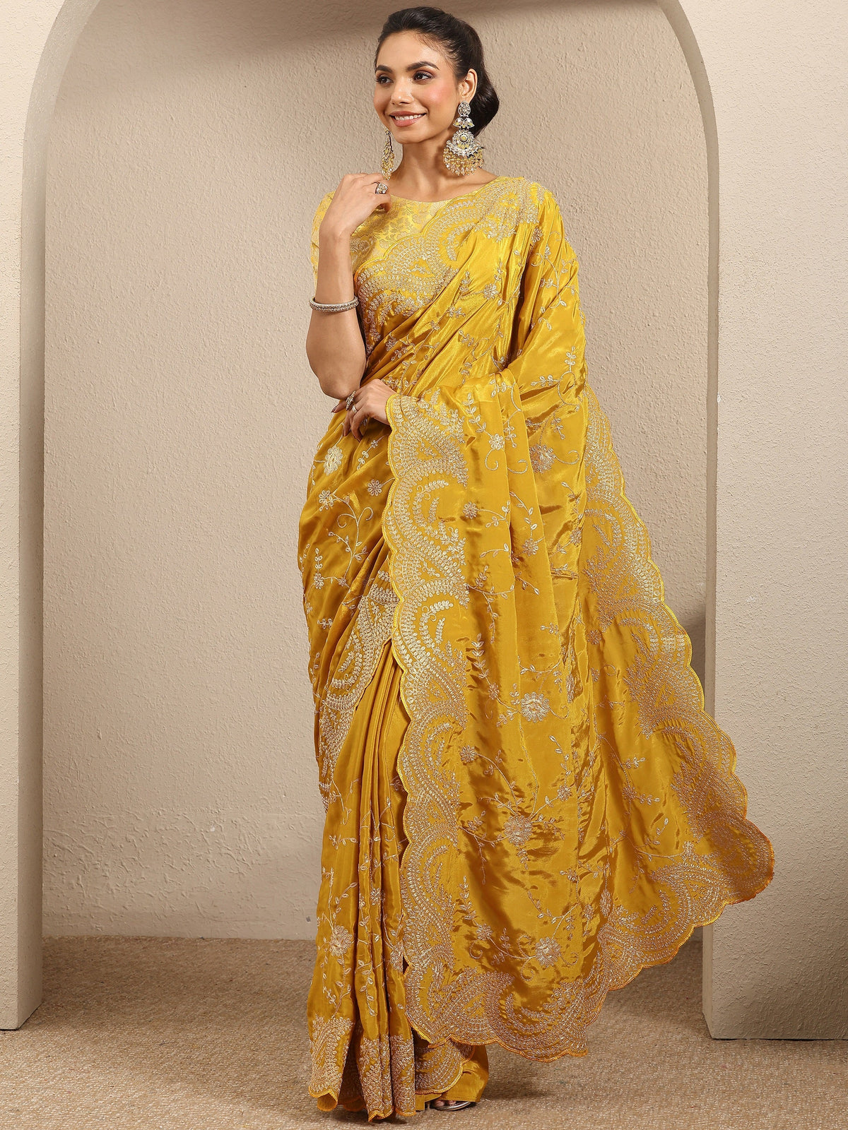 Anouk Mustard Embroidered Silk Blend Saree With Unstitched Blouse Piece