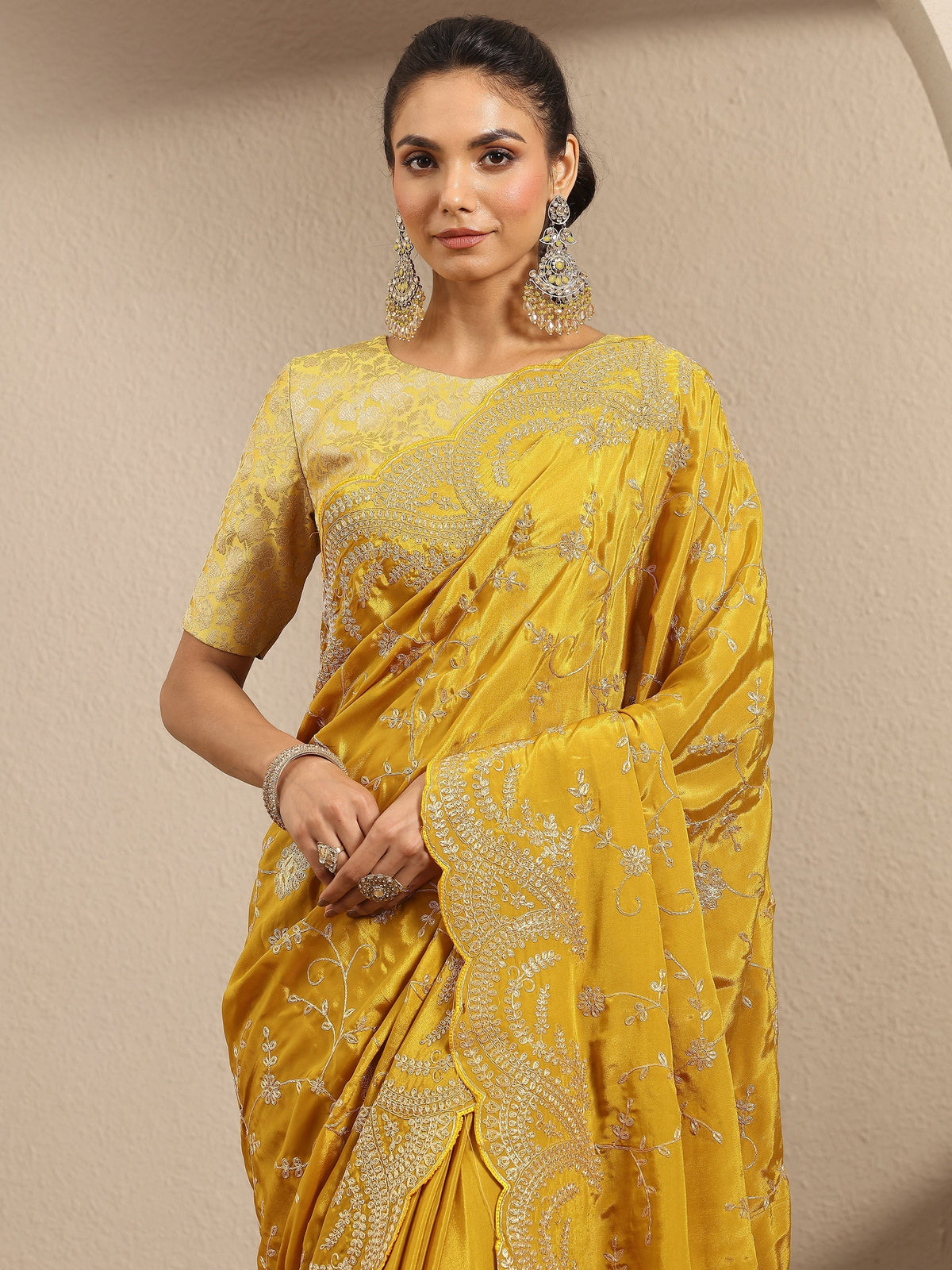 Anouk Mustard Embroidered Silk Blend Saree With Unstitched Blouse Piece
