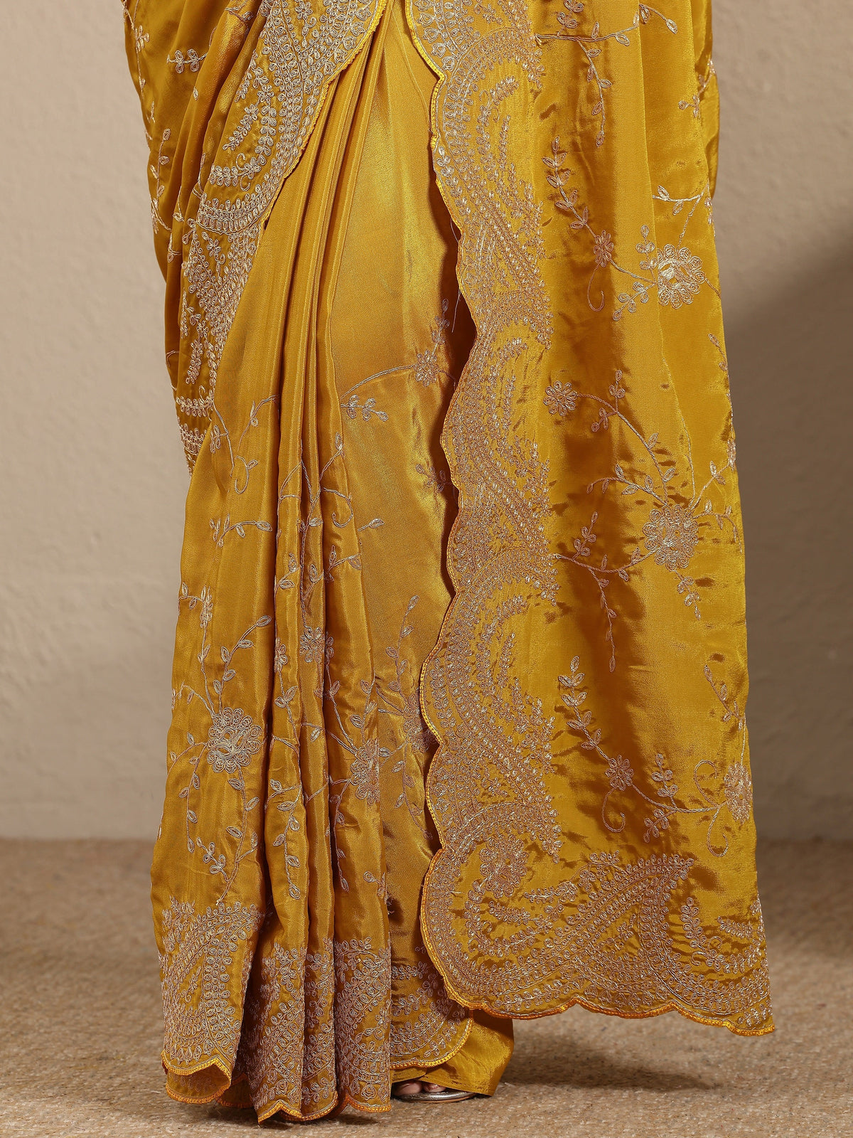 Anouk Mustard Embroidered Silk Blend Saree With Unstitched Blouse Piece
