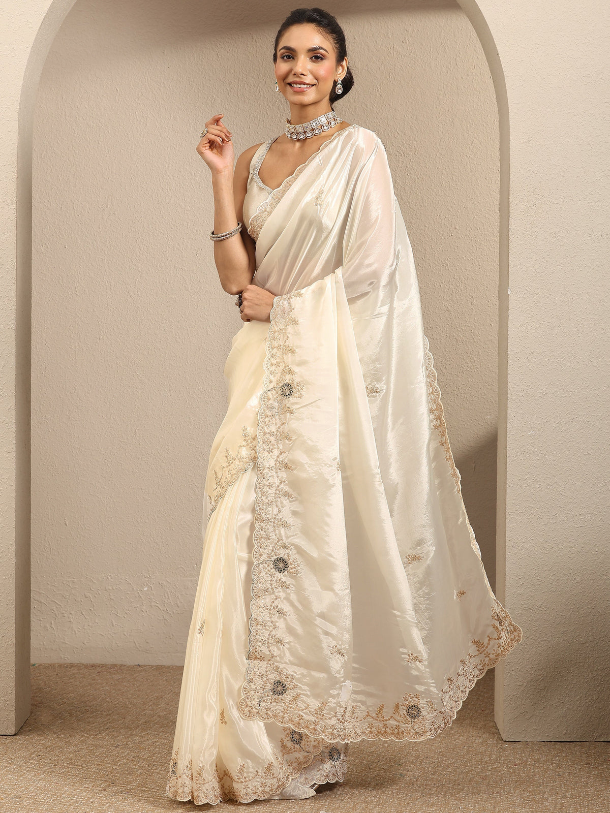 Anouk Cream Embroidered Silk Blend Saree With Unstitched Blouse Piece