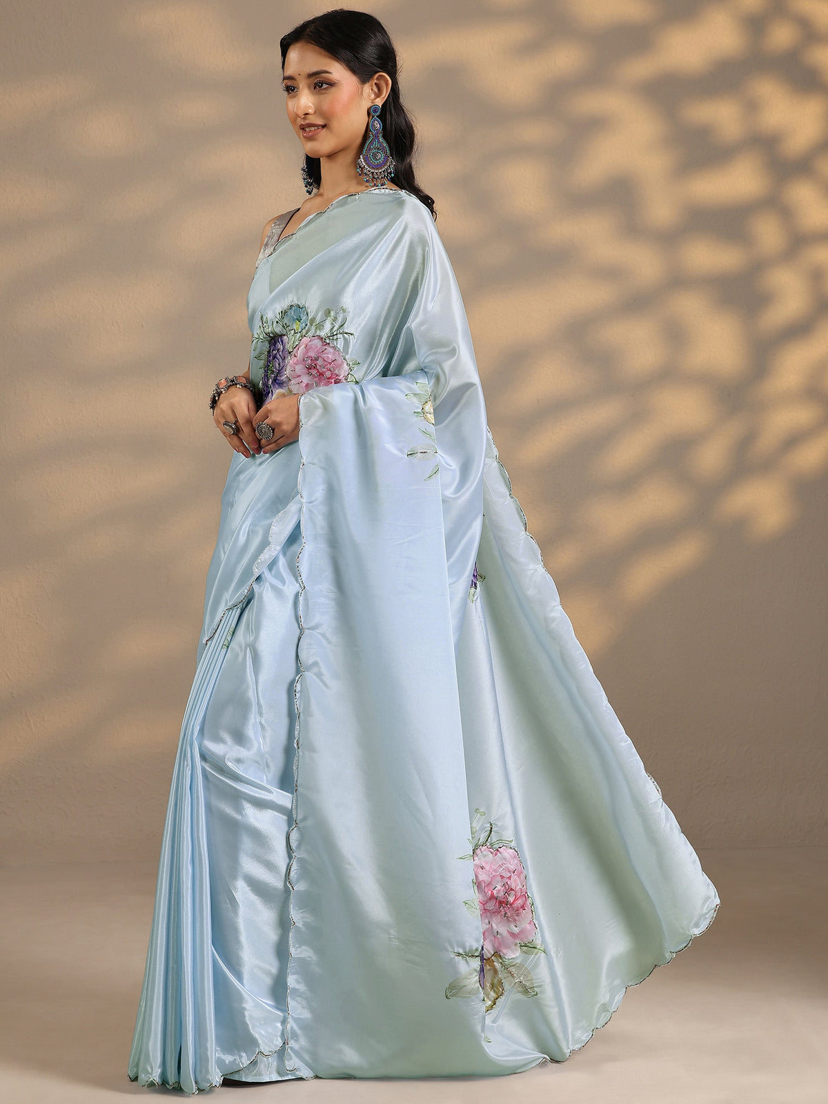 Anouk Blue Printed Silk Blend Saree With Unstitched Blouse Piece