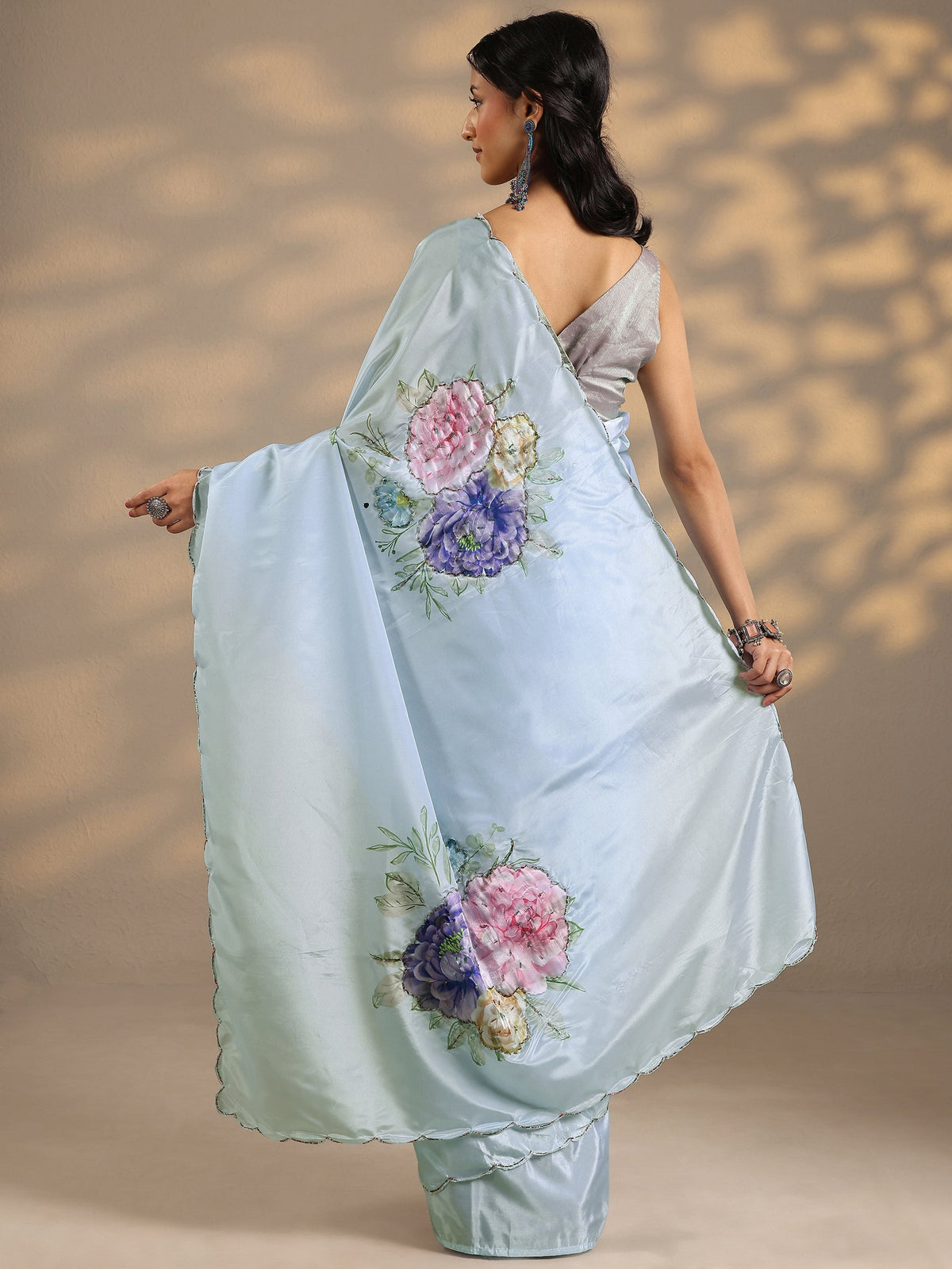 Anouk Blue Printed Silk Blend Saree With Unstitched Blouse Piece