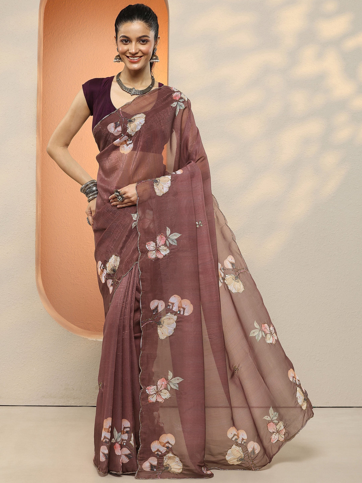 Anouk Brown Printed Silk Blend Sarees With Unstitched Blouse Piece