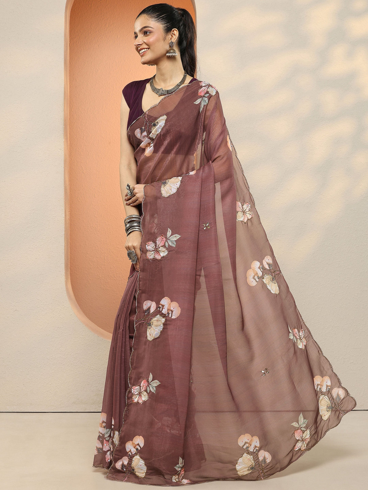 Anouk Brown Printed Silk Blend Sarees With Unstitched Blouse Piece