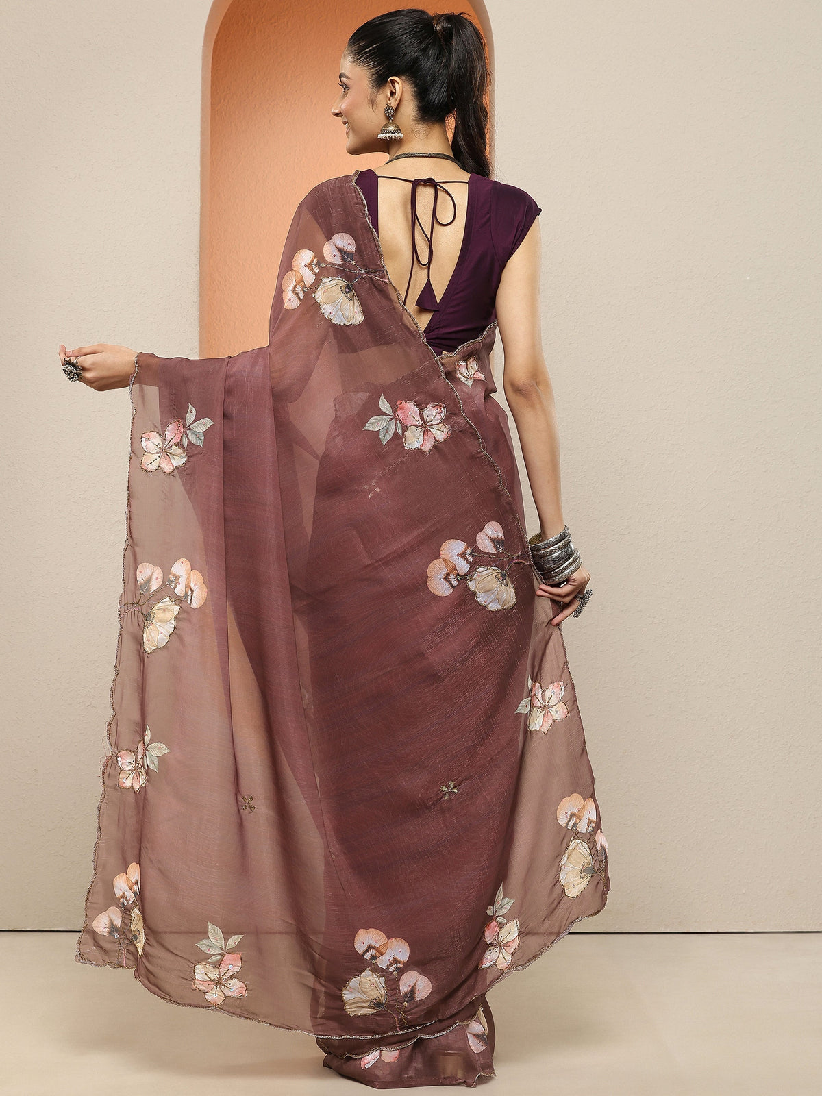 Anouk Brown Printed Silk Blend Sarees With Unstitched Blouse Piece