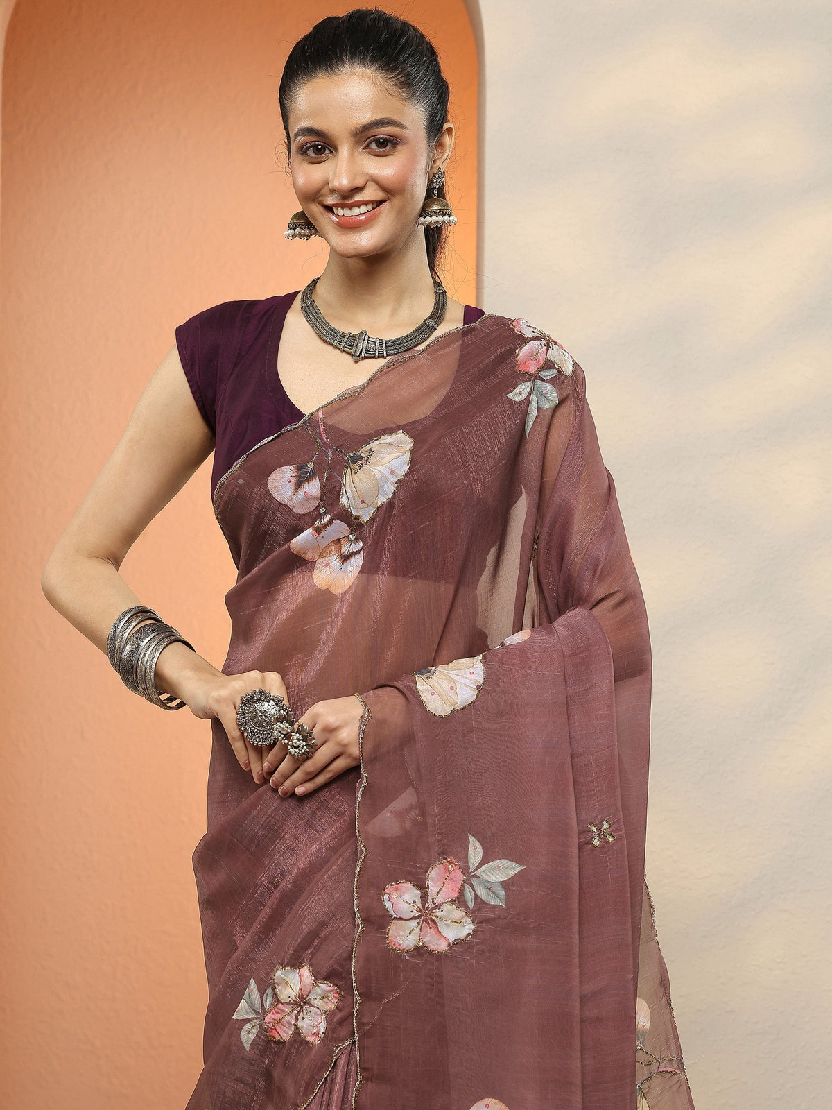 Anouk Brown Printed Silk Blend Sarees With Unstitched Blouse Piece