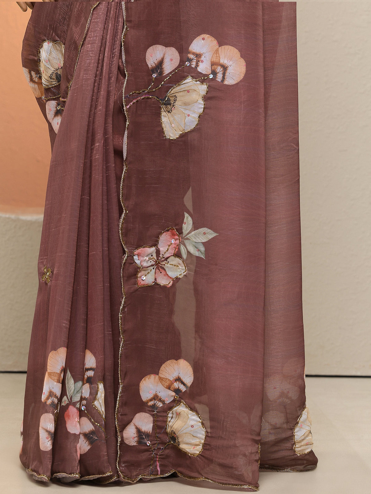 Anouk Brown Printed Silk Blend Sarees With Unstitched Blouse Piece