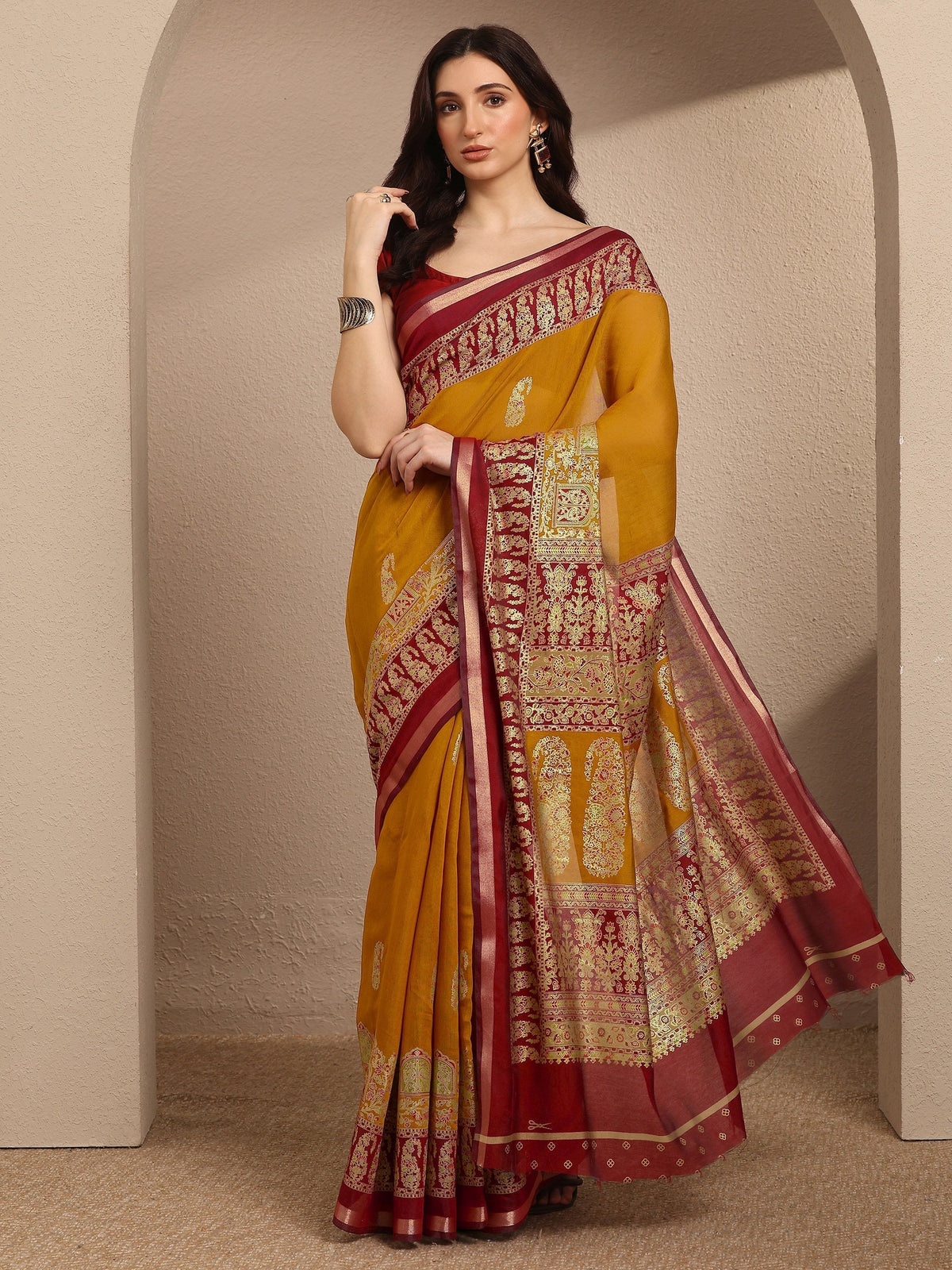 Anouk Mustard Paisley Woven Design Banarsi Silk Blend Saree With Unstitched Blouse Piece