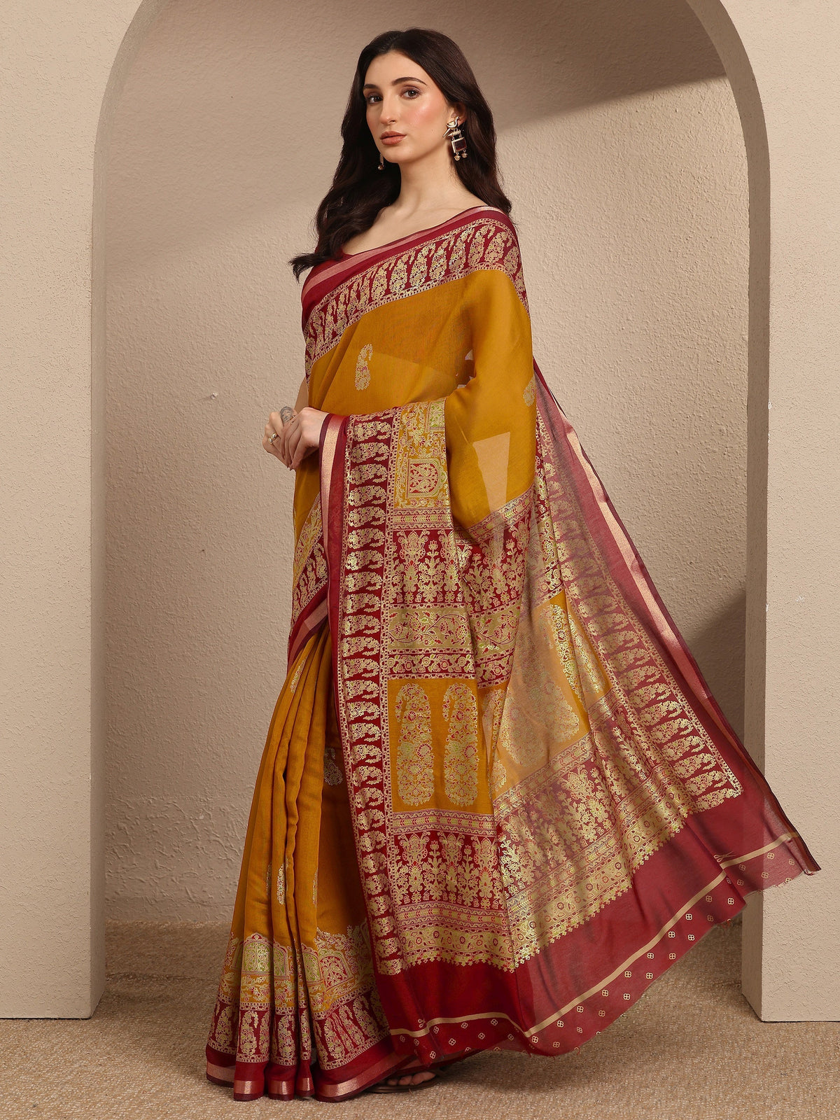Anouk Mustard Paisley Woven Design Banarsi Silk Blend Saree With Unstitched Blouse Piece