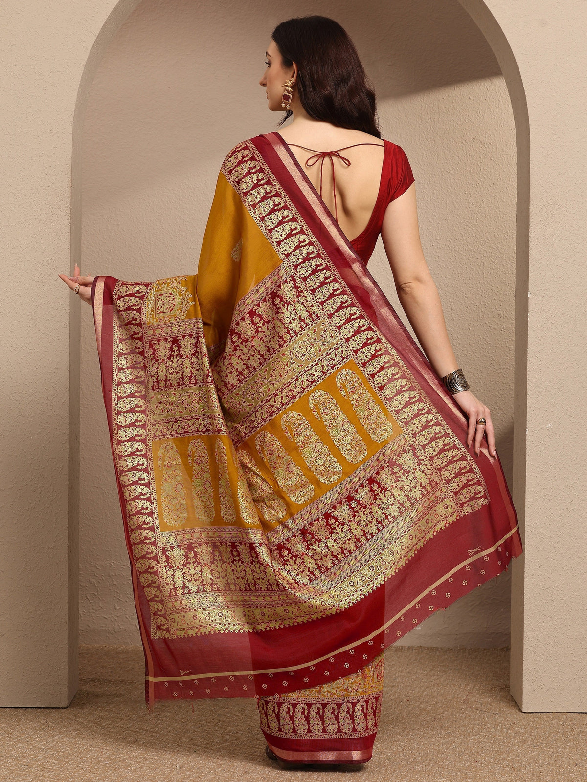 Anouk Mustard Paisley Woven Design Banarsi Silk Blend Saree With Unstitched Blouse Piece