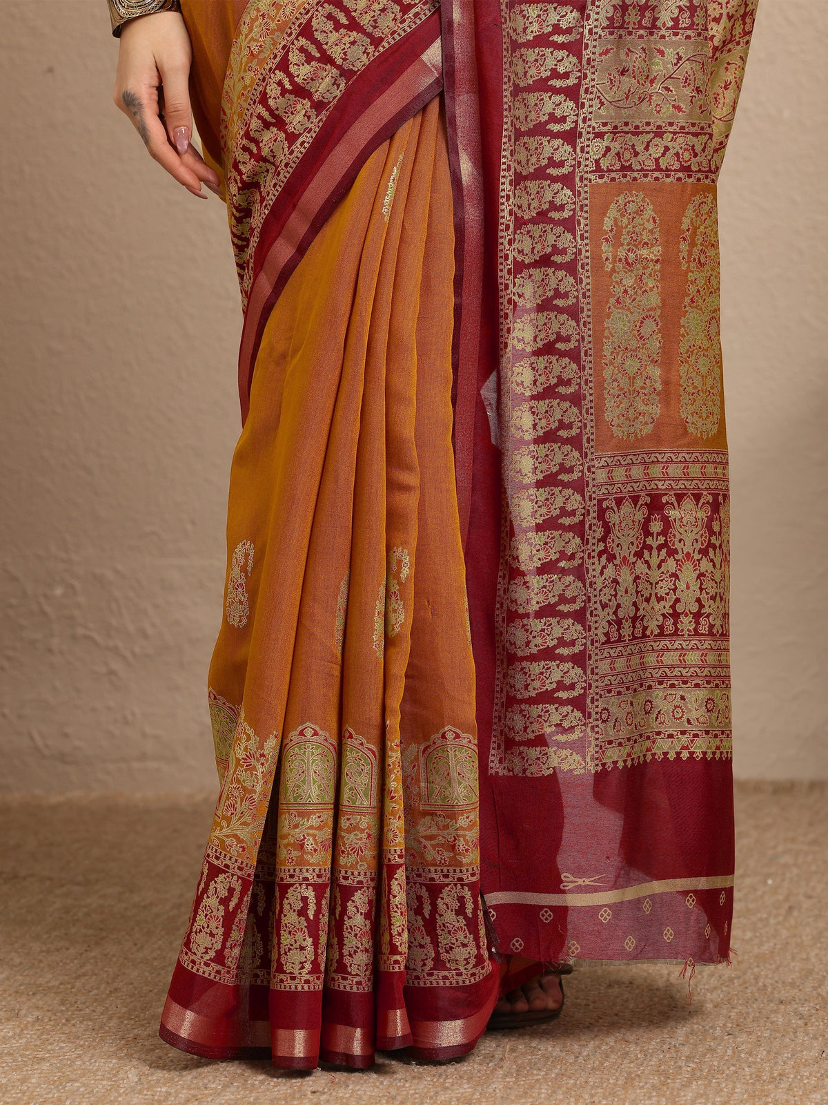 Anouk Mustard Paisley Woven Design Banarsi Silk Blend Saree With Unstitched Blouse Piece
