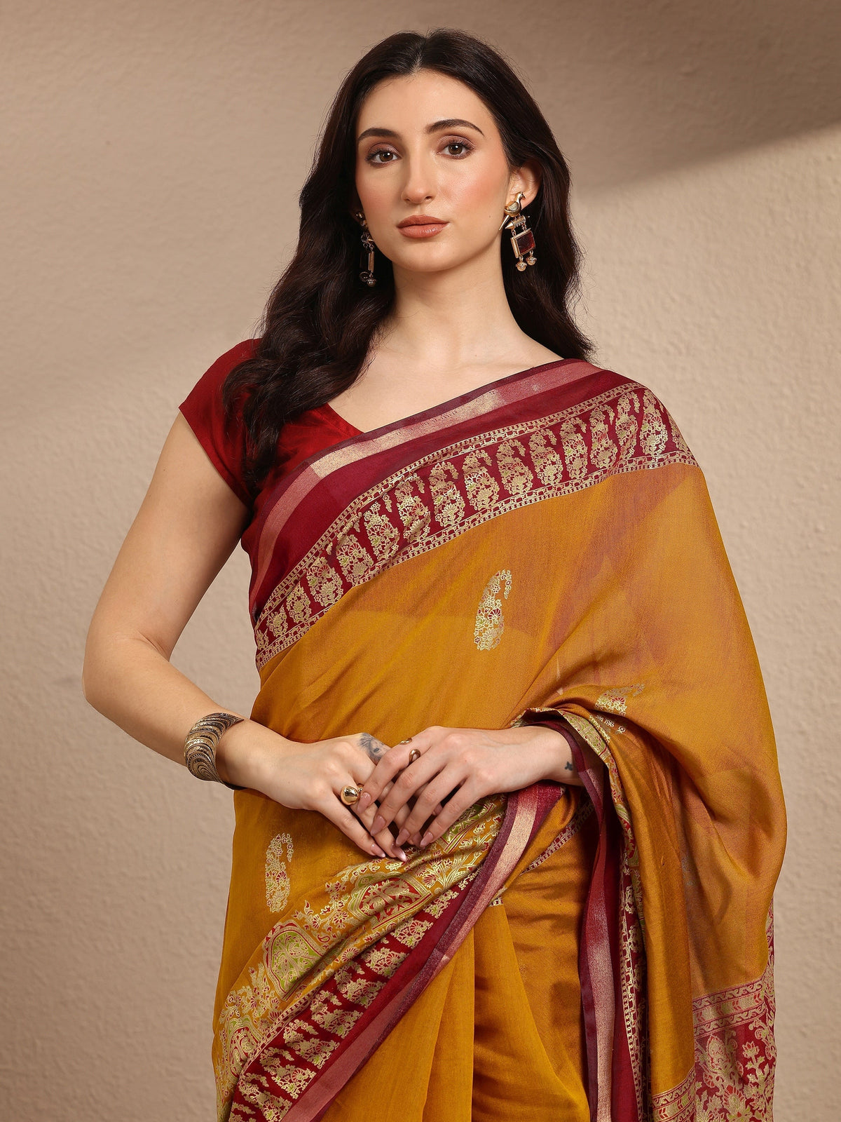 Anouk Mustard Paisley Woven Design Banarsi Silk Blend Saree With Unstitched Blouse Piece