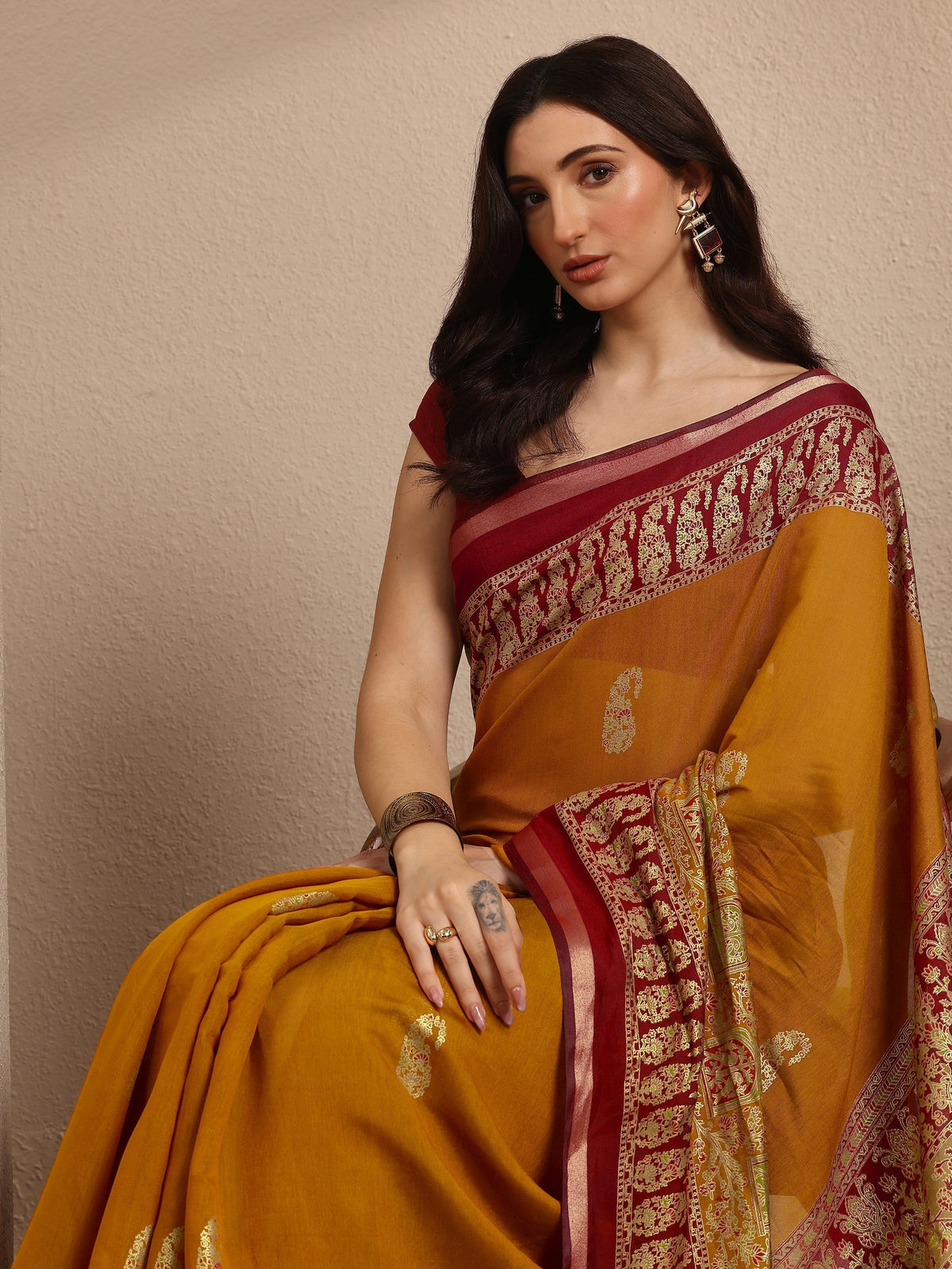 Anouk Mustard Paisley Woven Design Banarsi Silk Blend Saree With Unstitched Blouse Piece