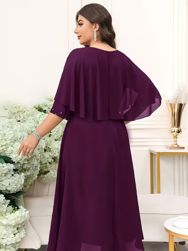 Plus Size Women’s Elegant Rhinestone Collar Dress