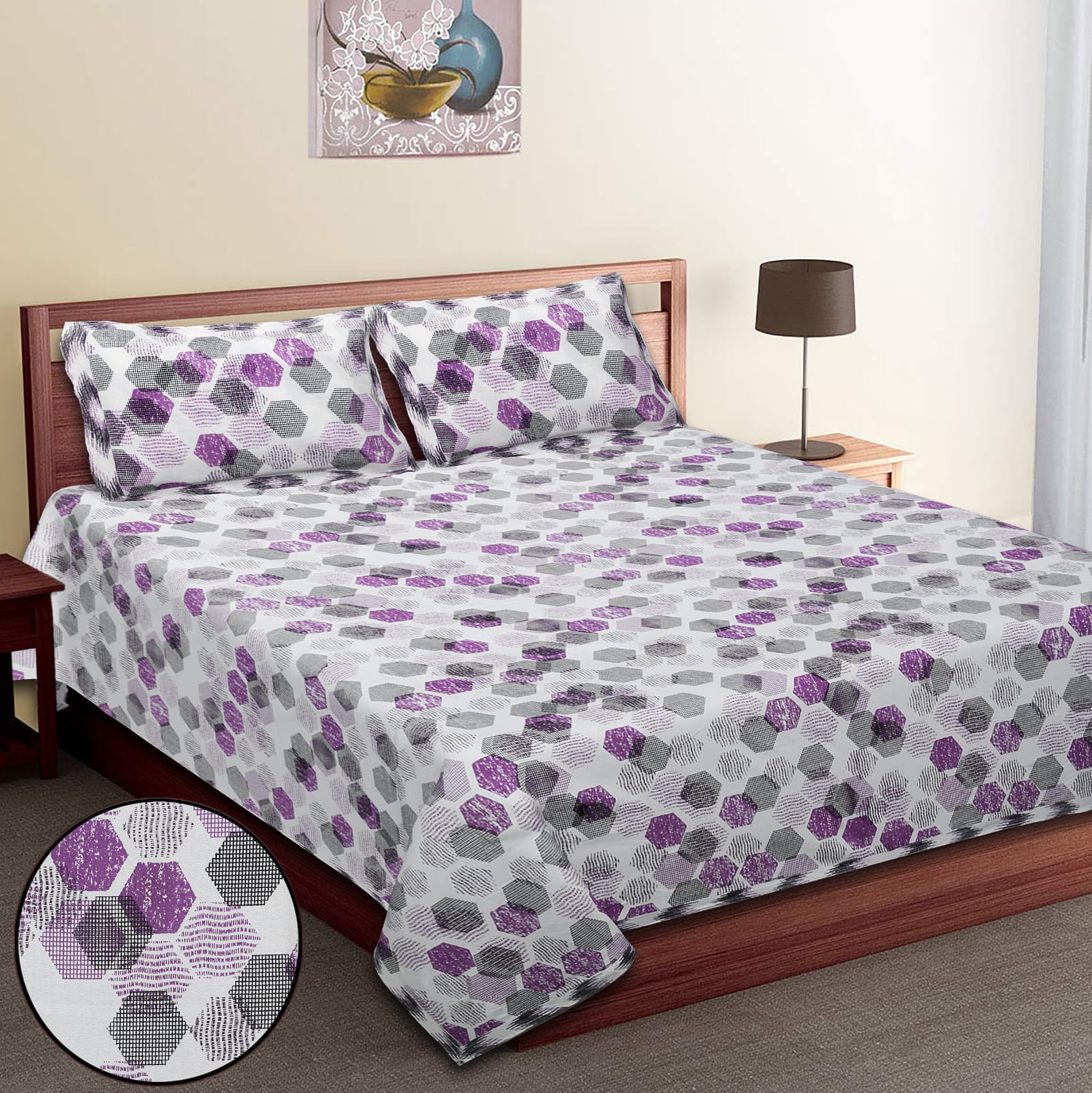 King-Size Bed Sheet Set with 2 Pillow Covers (Cotton Autoloom Fabric)