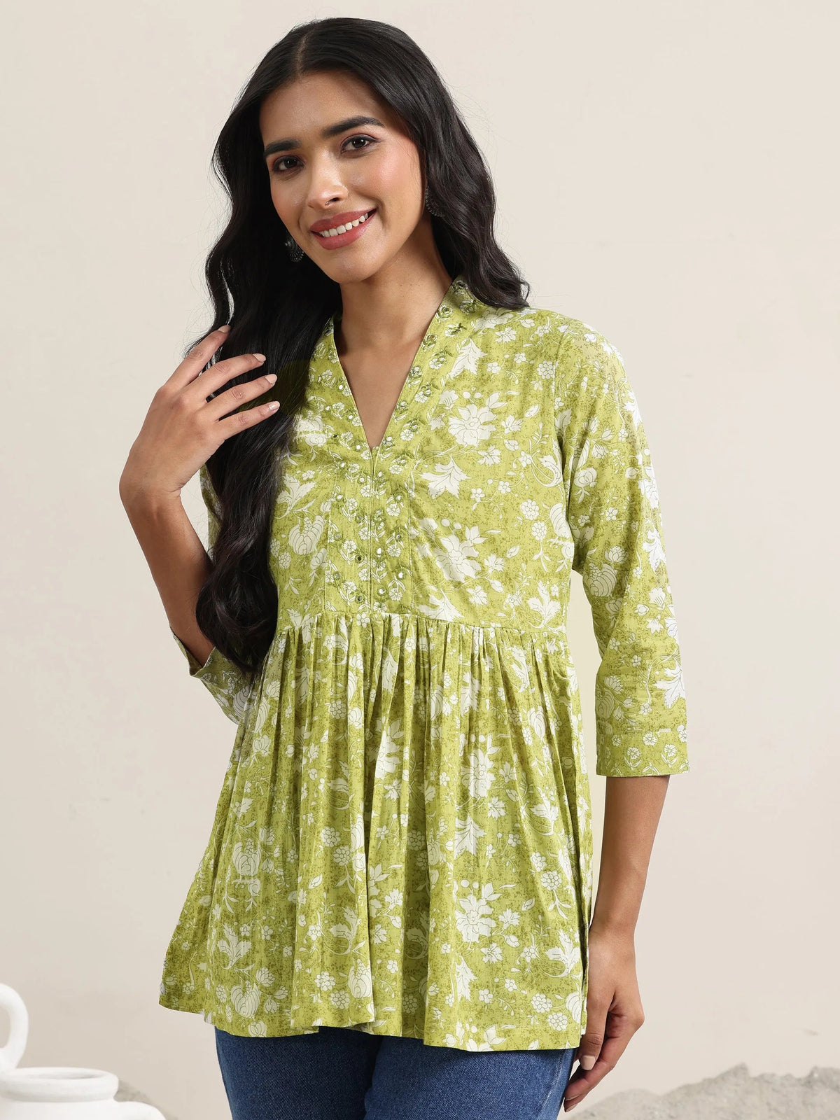 Anouk Green Printed Cotton Anarkali Kurti