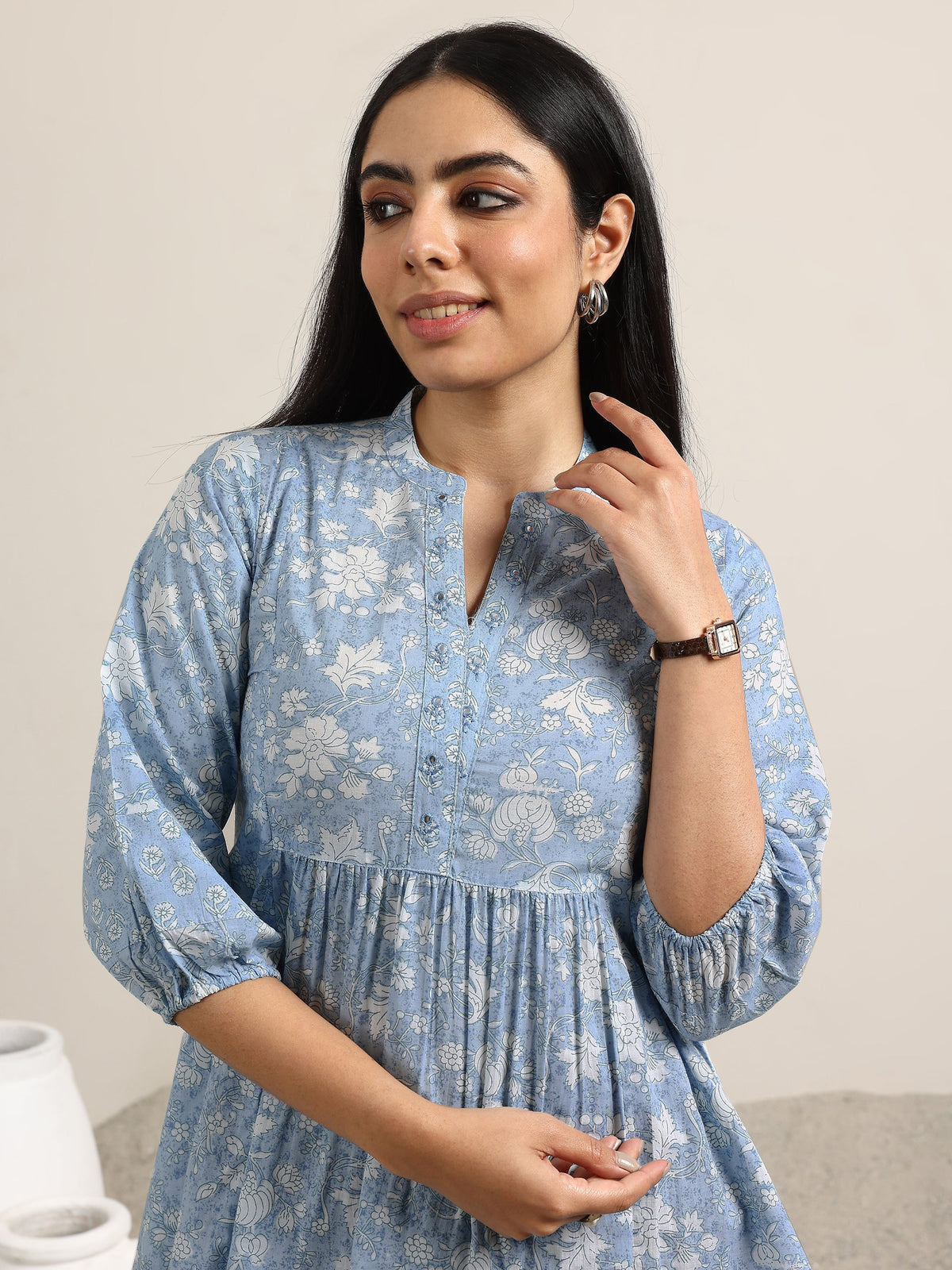 Anouk Blue Printed Cotton Anarkali Kurti