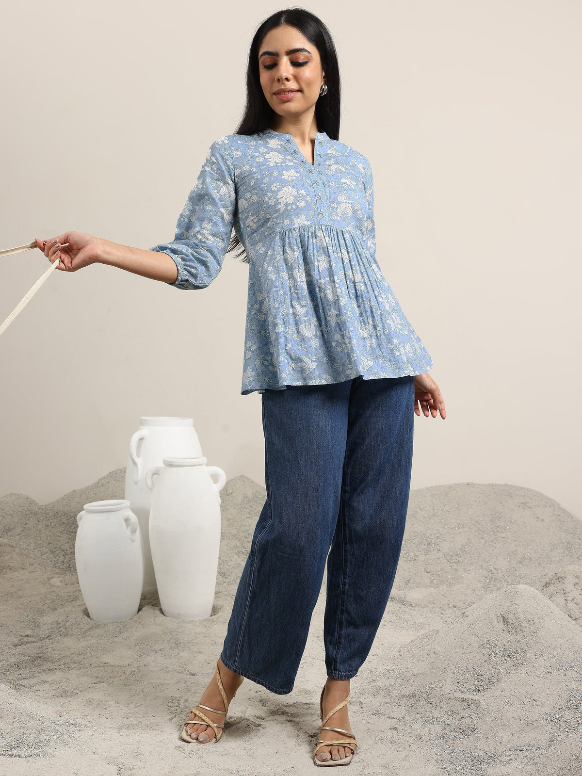Anouk Blue Printed Cotton Anarkali Kurti
