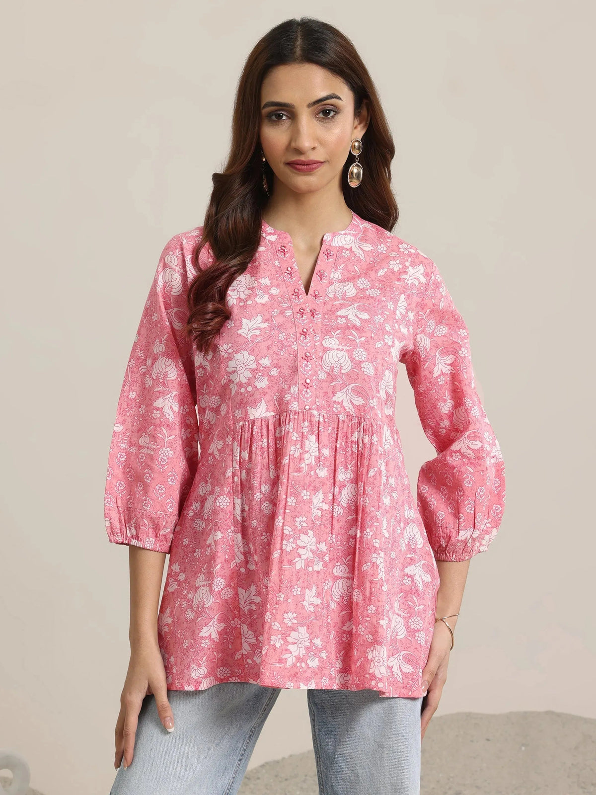 Anouk Pink Printed Cotton Anarkali Short Kurti