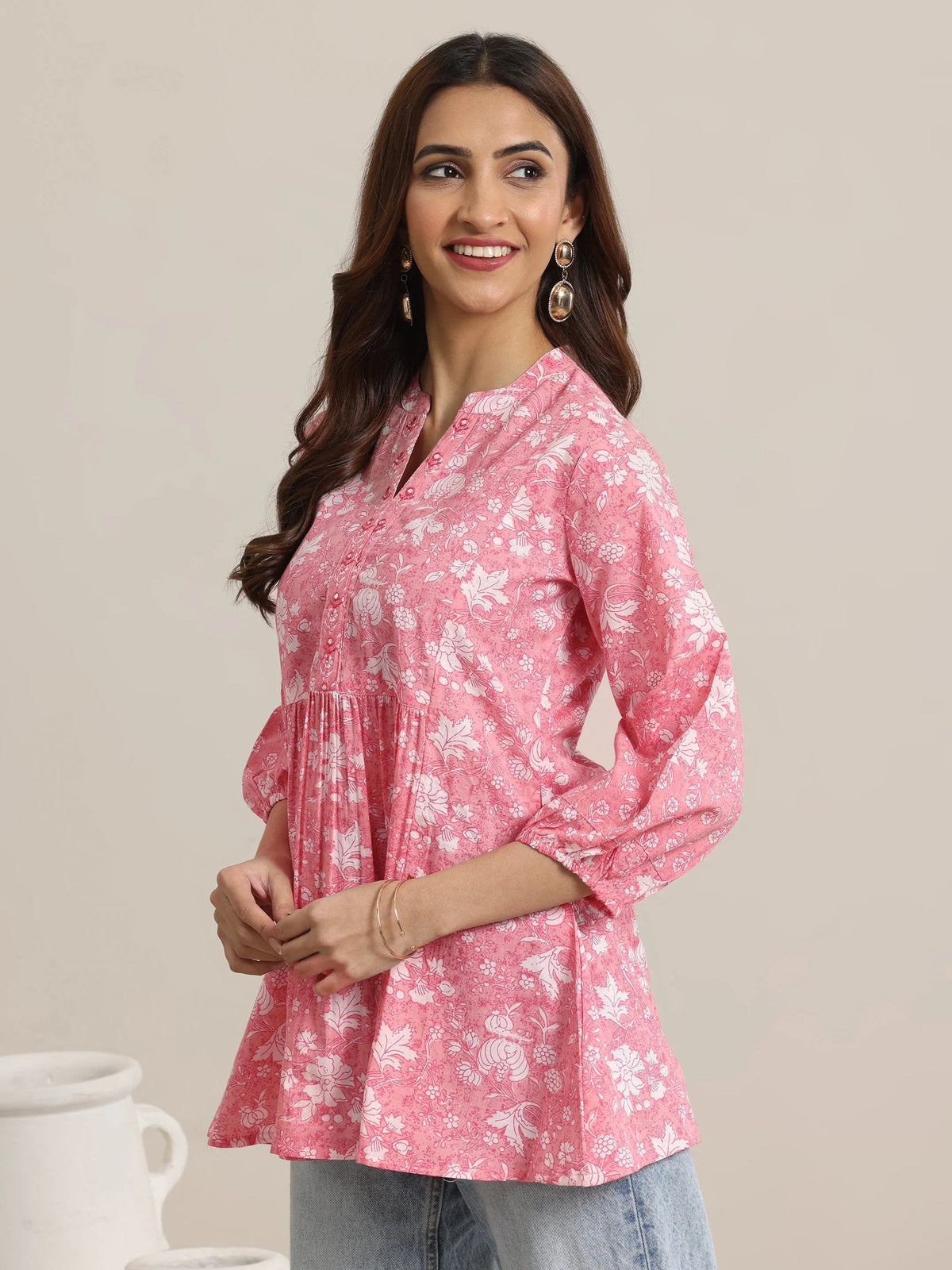 Anouk Pink Printed Cotton Anarkali Short Kurti