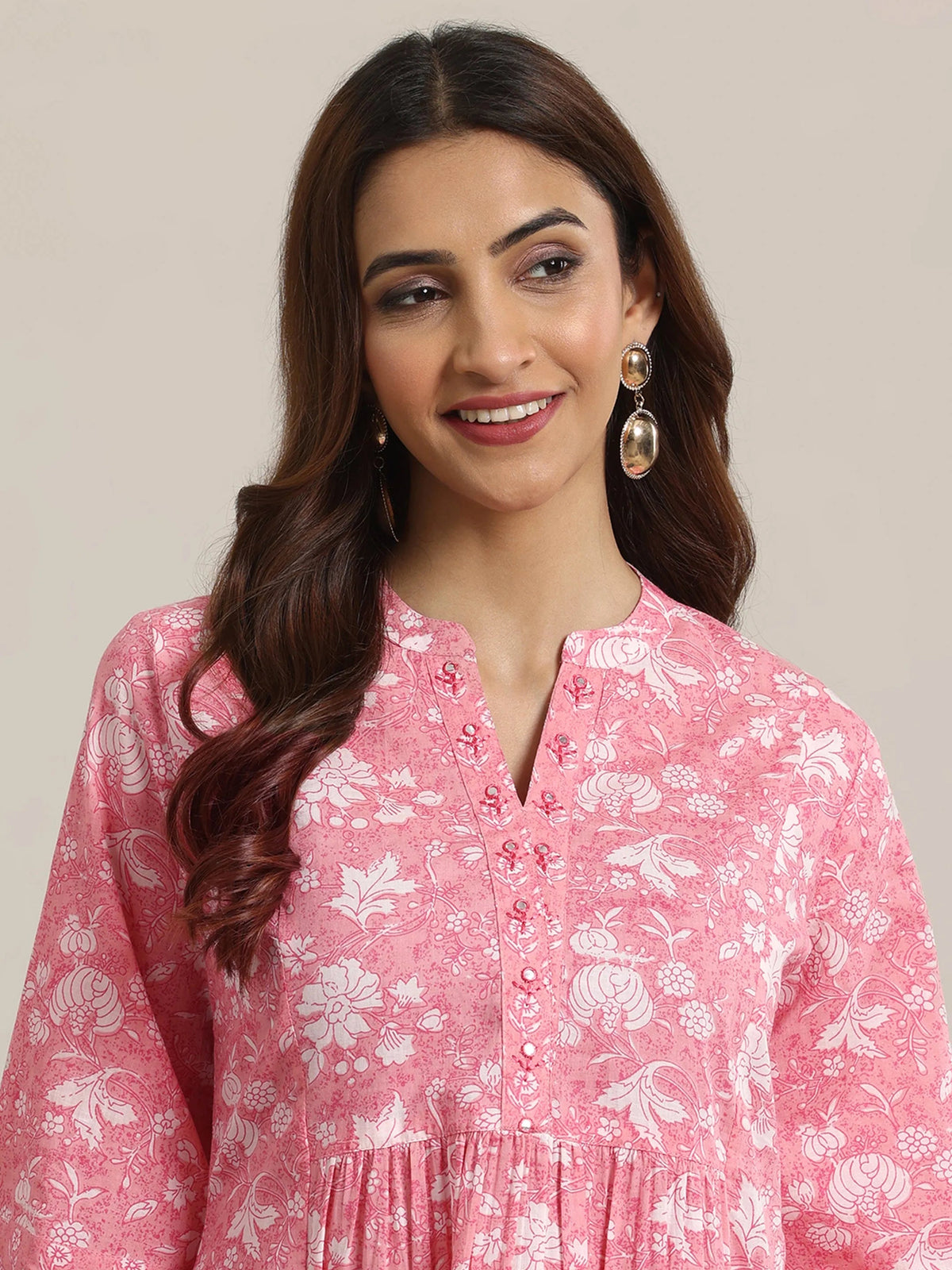Anouk Pink Printed Cotton Anarkali Short Kurti