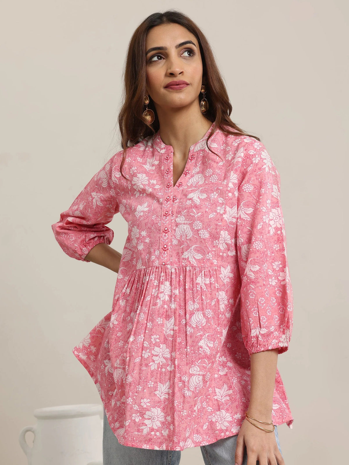 Anouk Pink Printed Cotton Anarkali Short Kurti