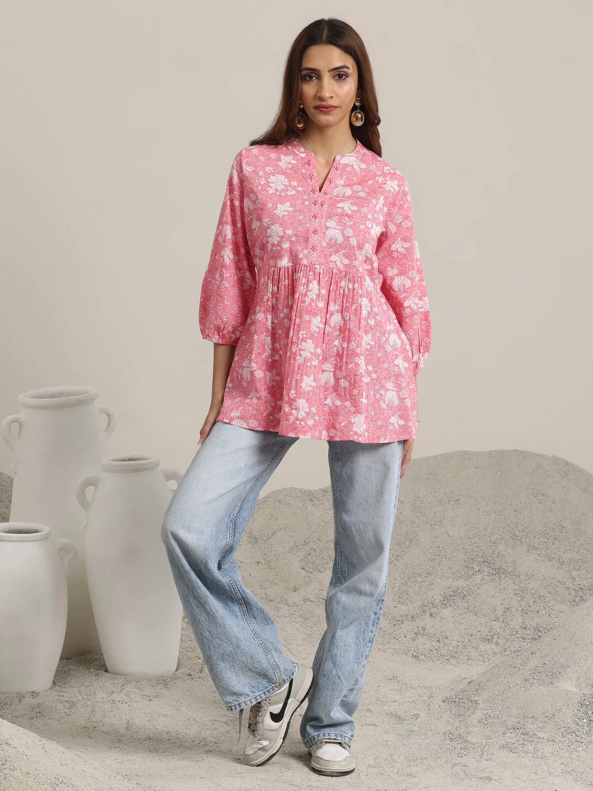 Anouk Pink Printed Cotton Anarkali Short Kurti