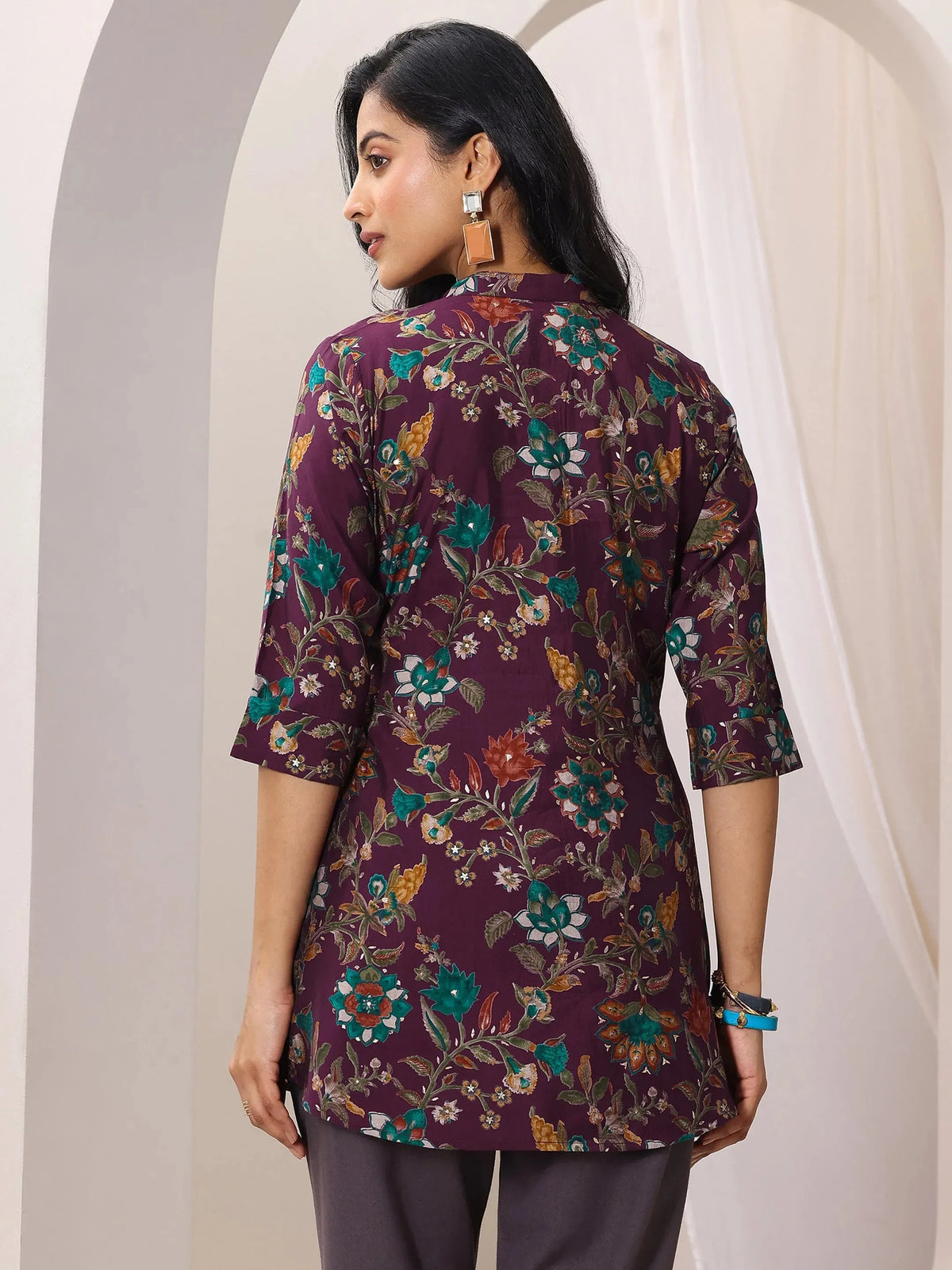 Anouk Burgundy Printed Silk Blend Straight Short Kurti