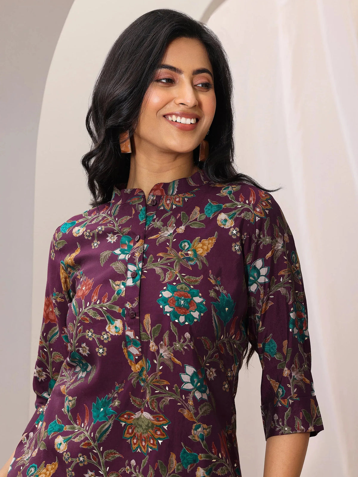 Anouk Burgundy Printed Silk Blend Straight Short Kurti