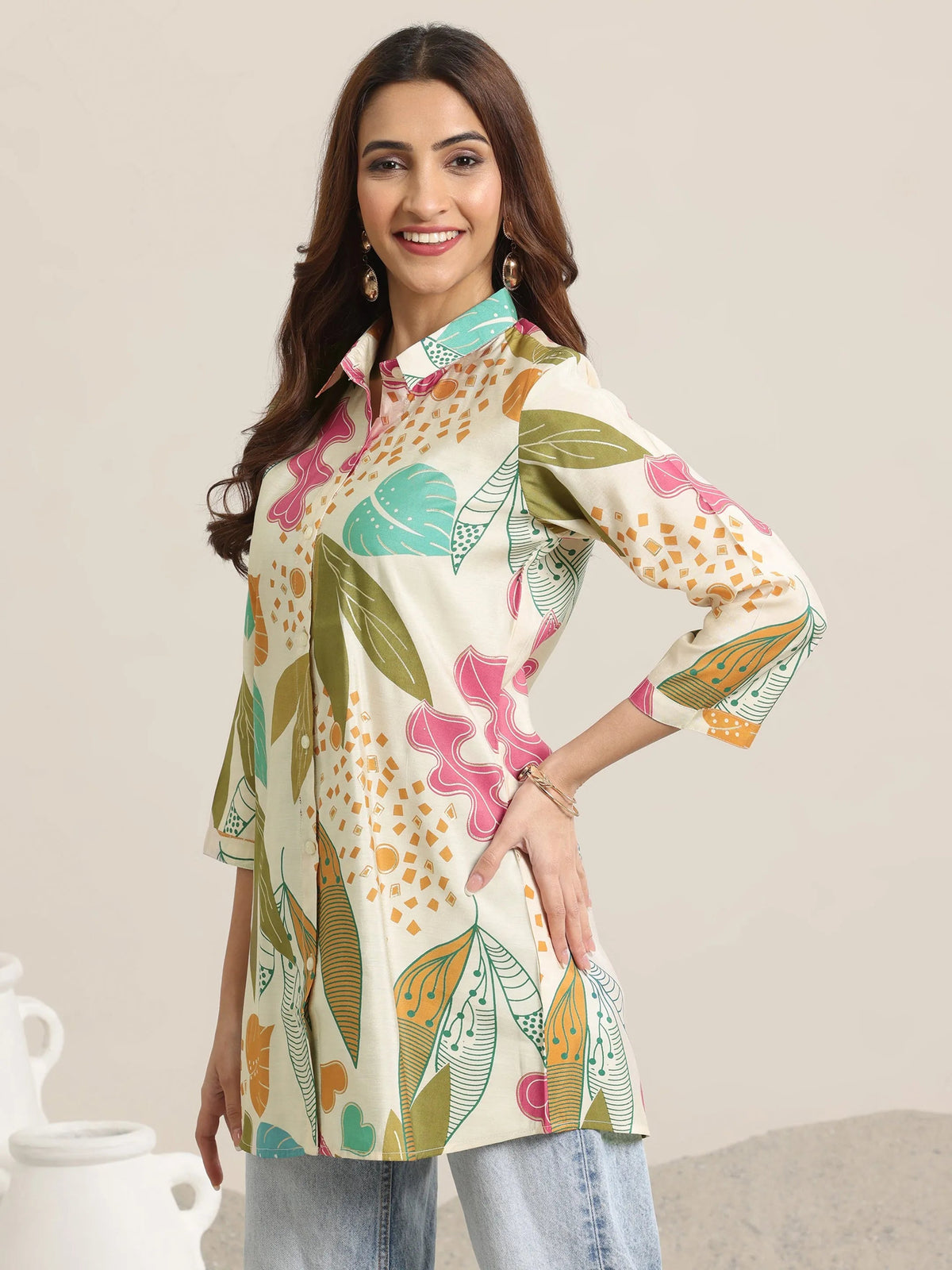 Anouk Beige Printed Silk Blend Straight Short Kurti