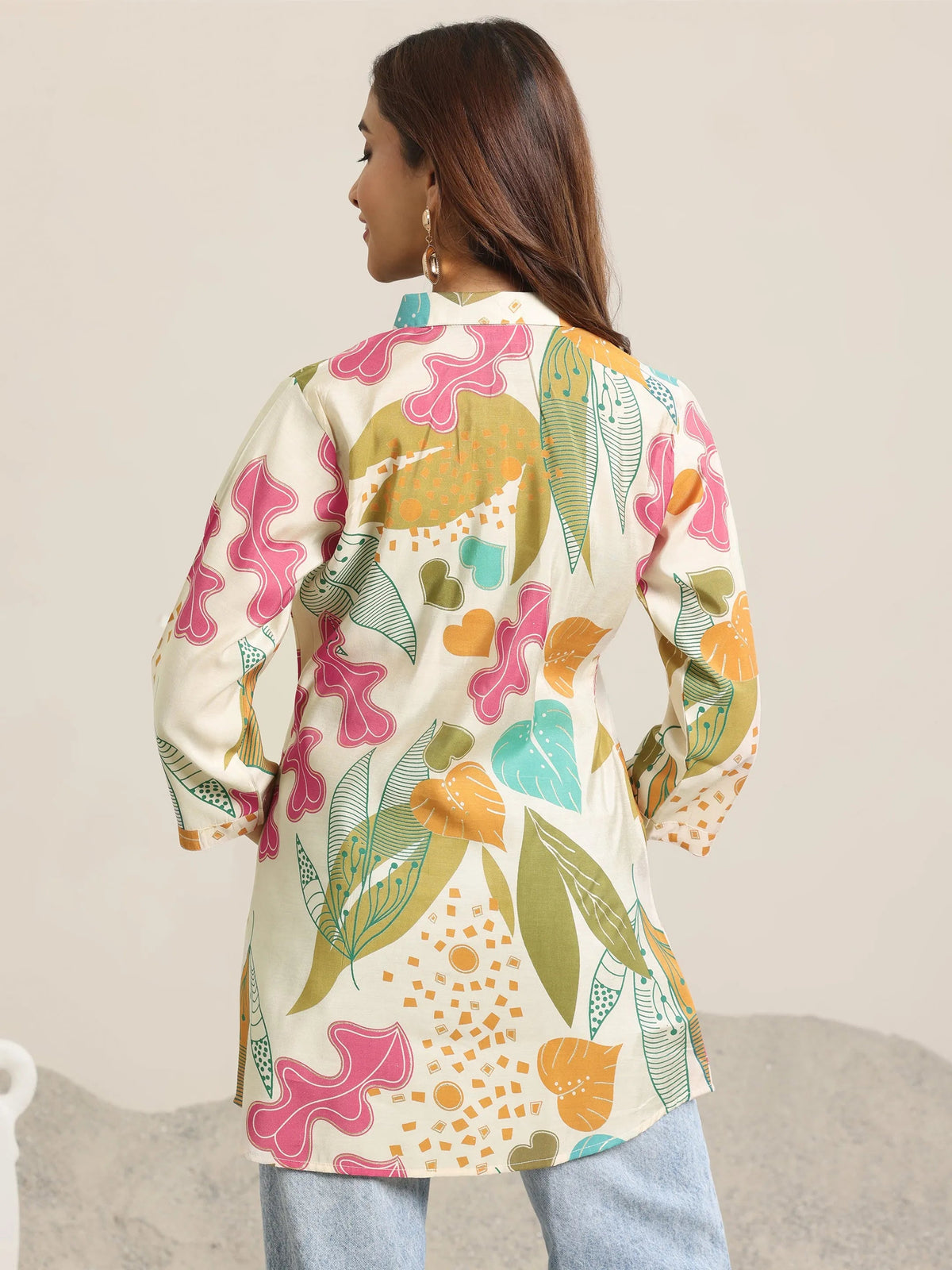 Anouk Beige Printed Silk Blend Straight Short Kurti