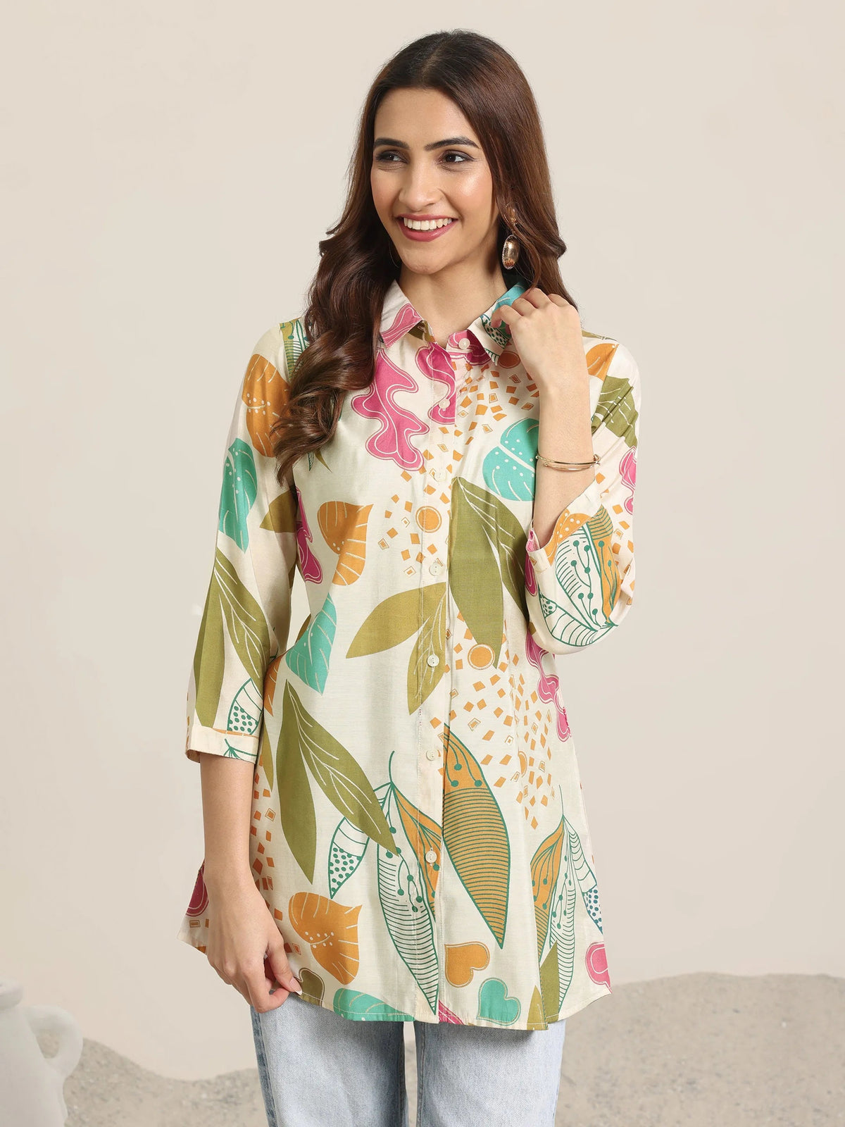 Anouk Beige Printed Silk Blend Straight Short Kurti
