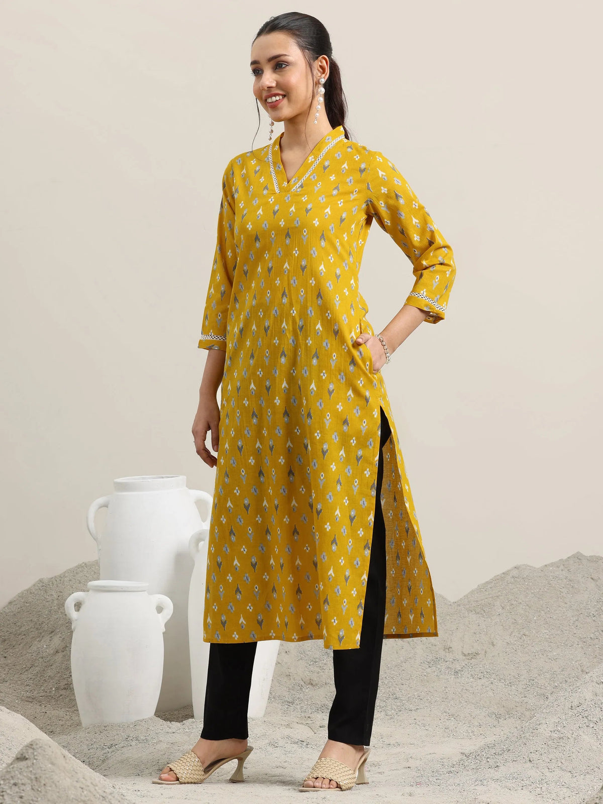 Anouk Yellow Printed Cotton Straight Kurta