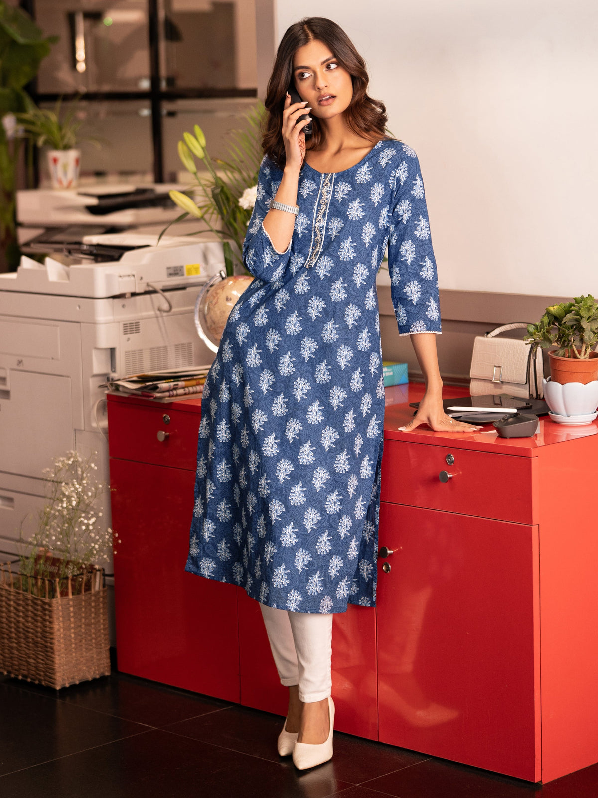 Anouk Blue Printed Cotton Straight Kurta