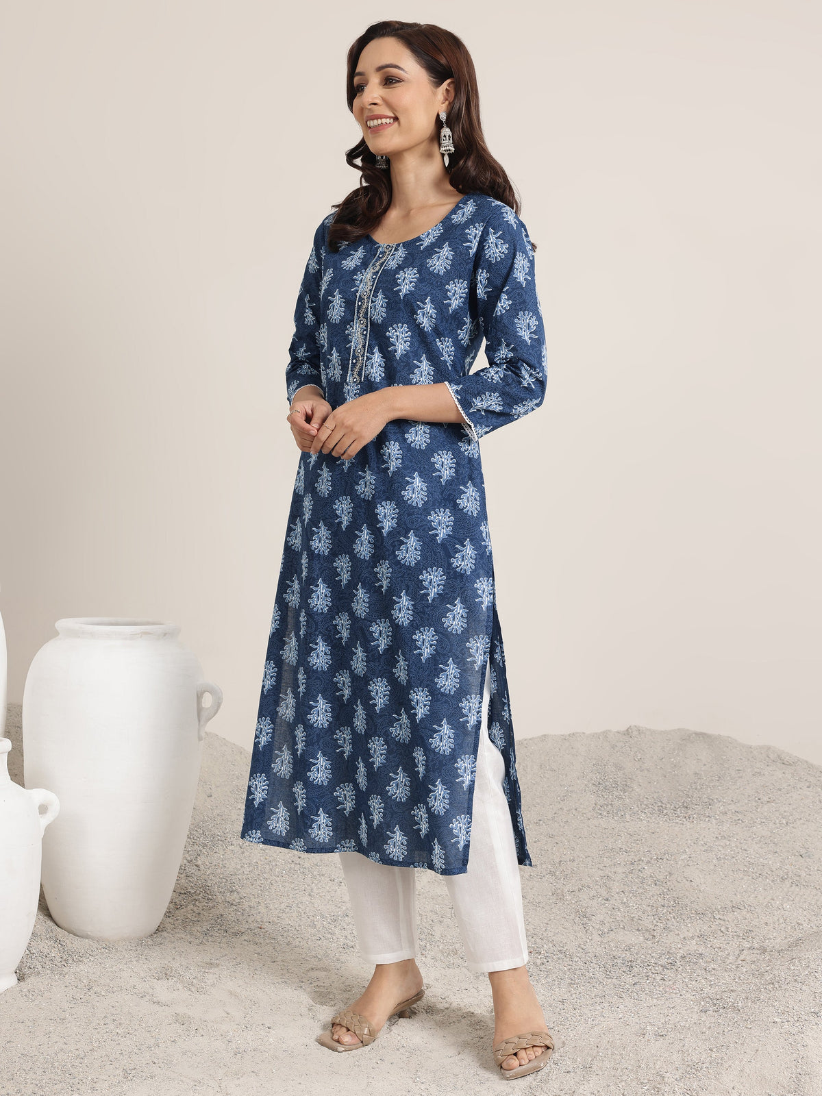 Anouk Blue Printed Cotton Straight Kurta