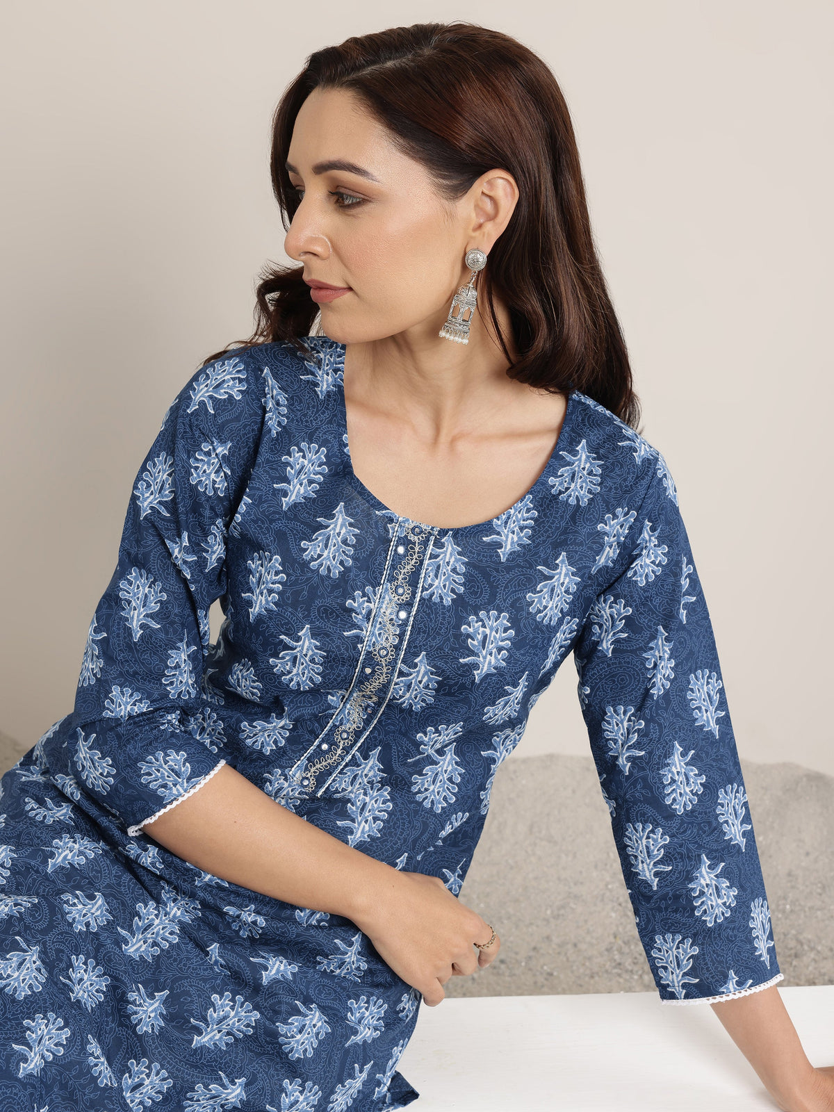 Anouk Blue Printed Cotton Straight Kurta