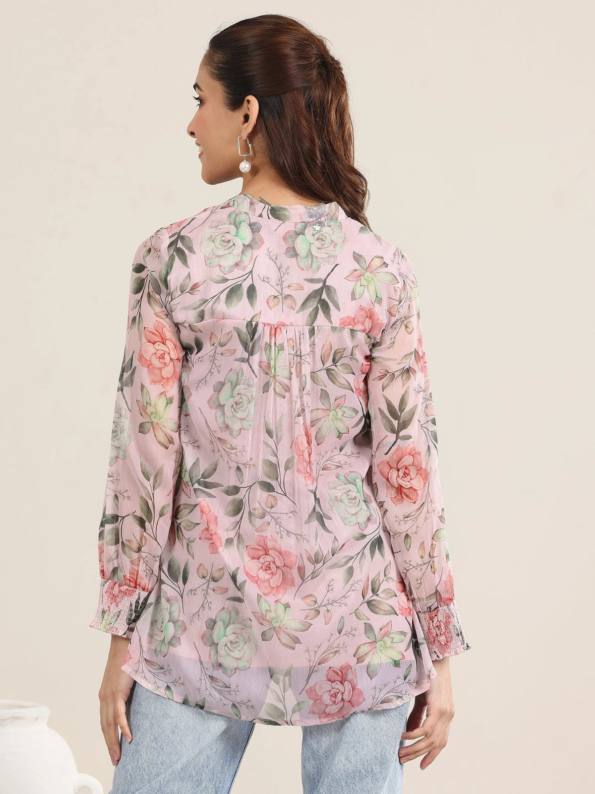 Anouk Pink Printed Chiffon Straight Short Kurti