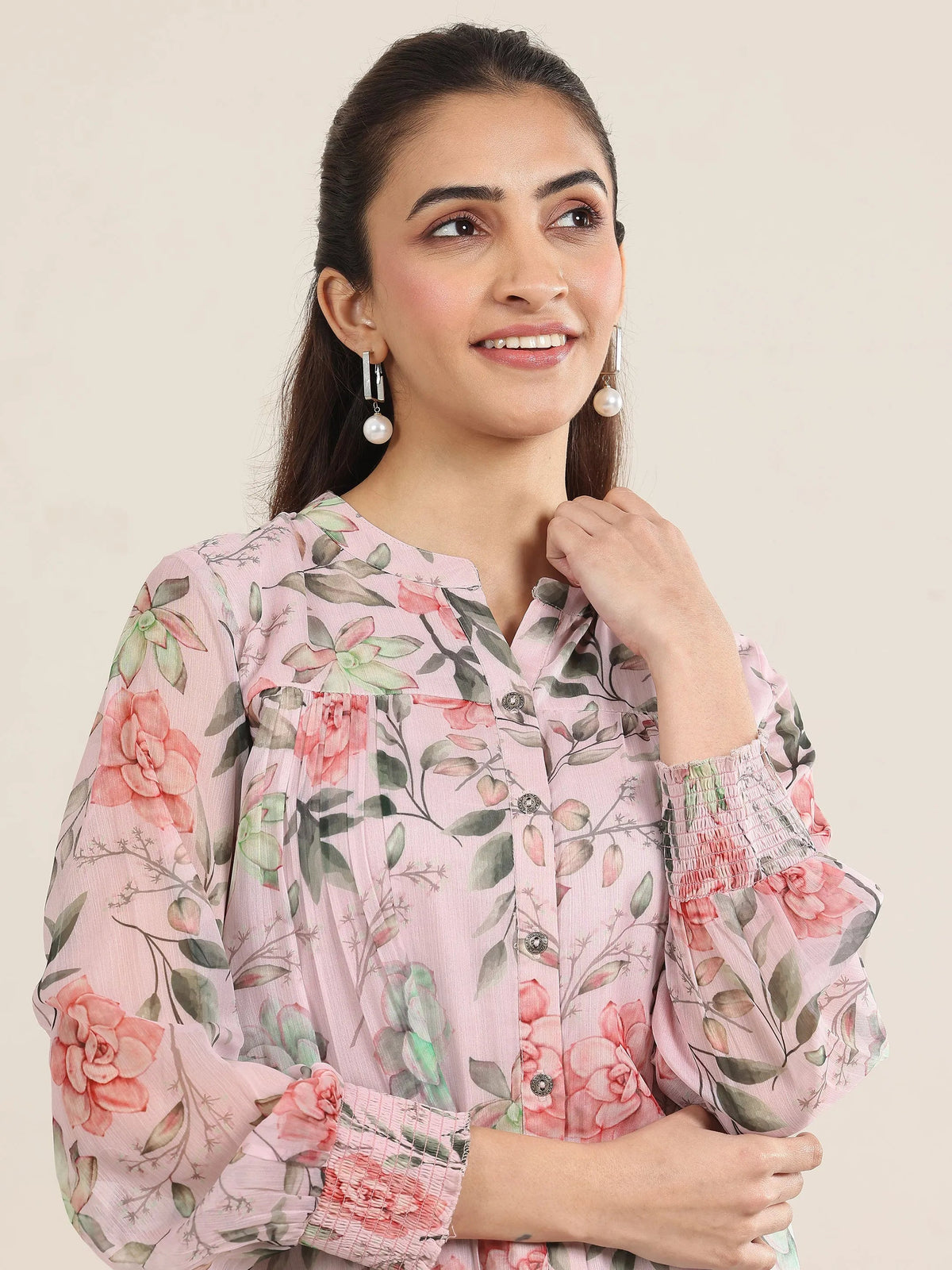 Anouk Pink Printed Chiffon Straight Short Kurti