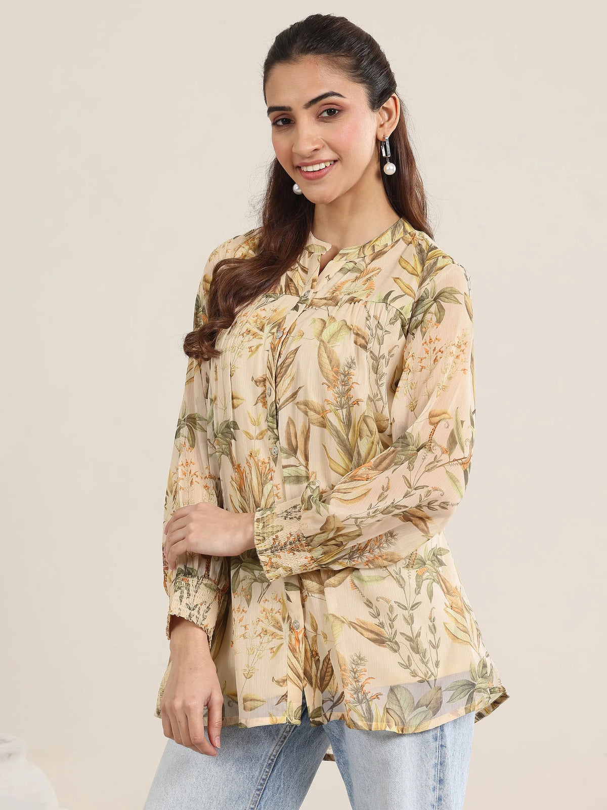 Anouk Beige Printed Chiffon Straight Short Kurti