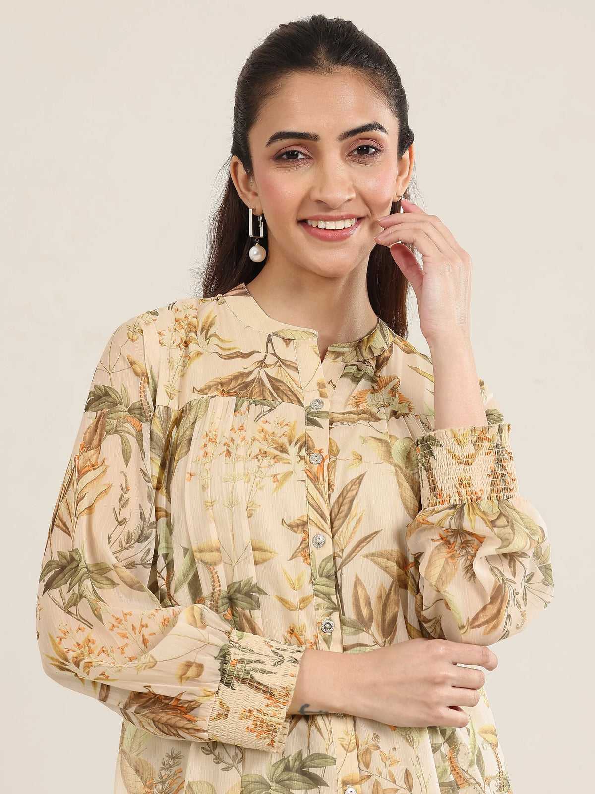 Anouk Beige Printed Chiffon Straight Short Kurti