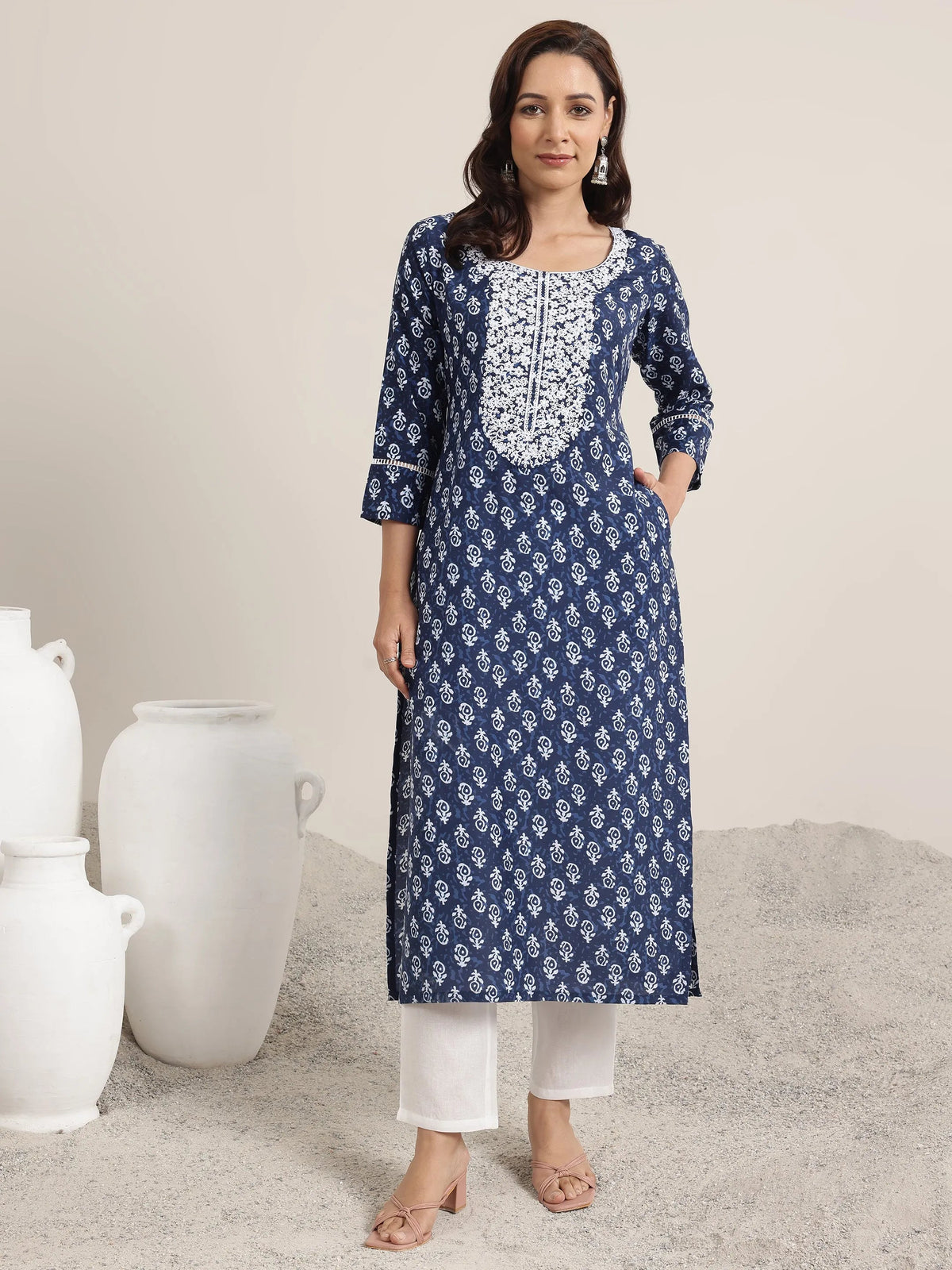 Anouk Indigo Printed Silk Blend Straight Kurta