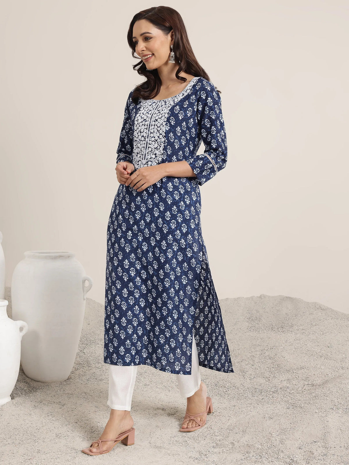 Anouk Indigo Printed Silk Blend Straight Kurta