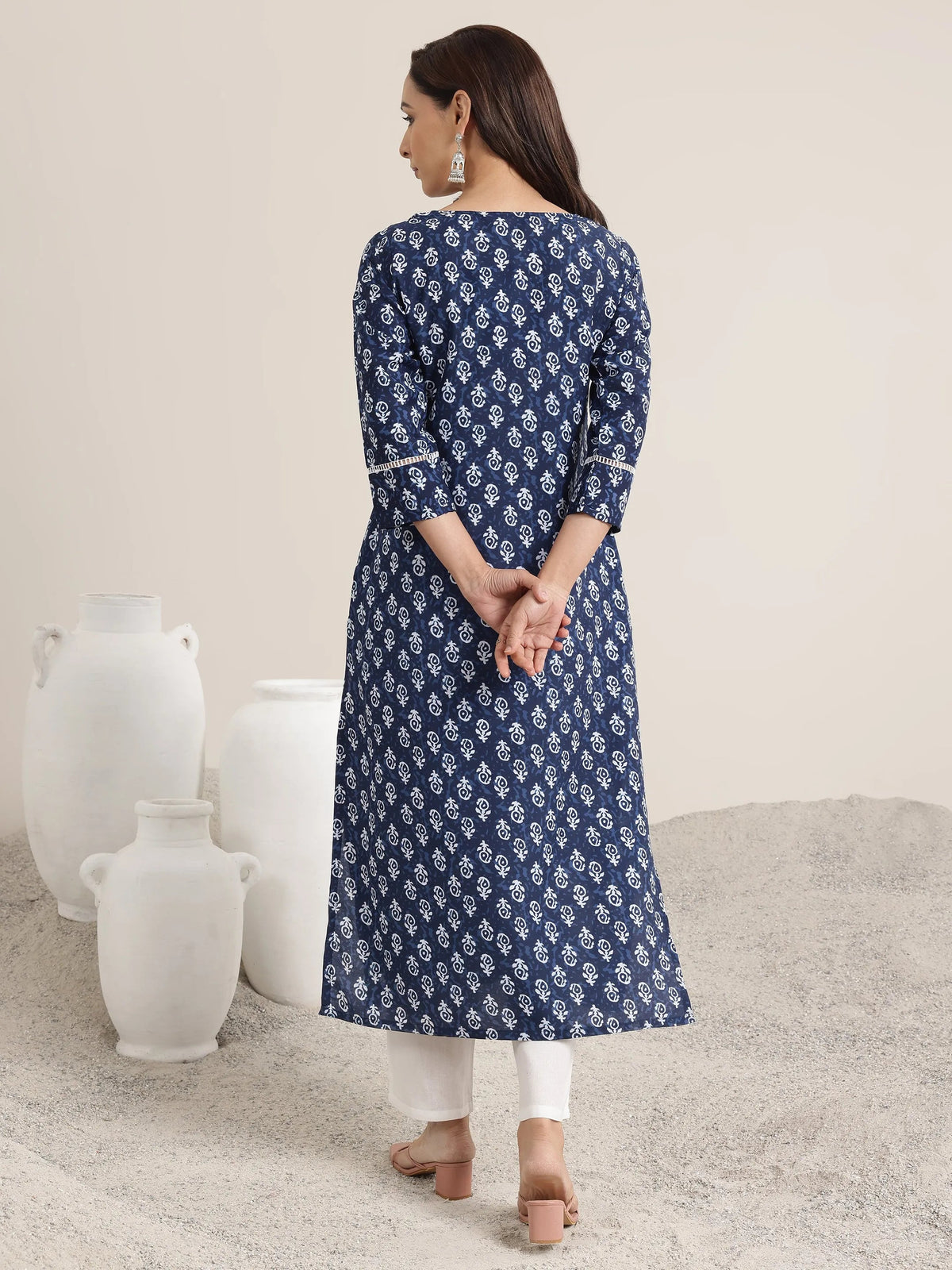 Anouk Indigo Printed Silk Blend Straight Kurta