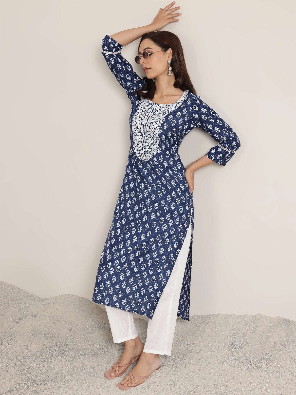 Anouk Indigo Printed Silk Blend Straight Kurta