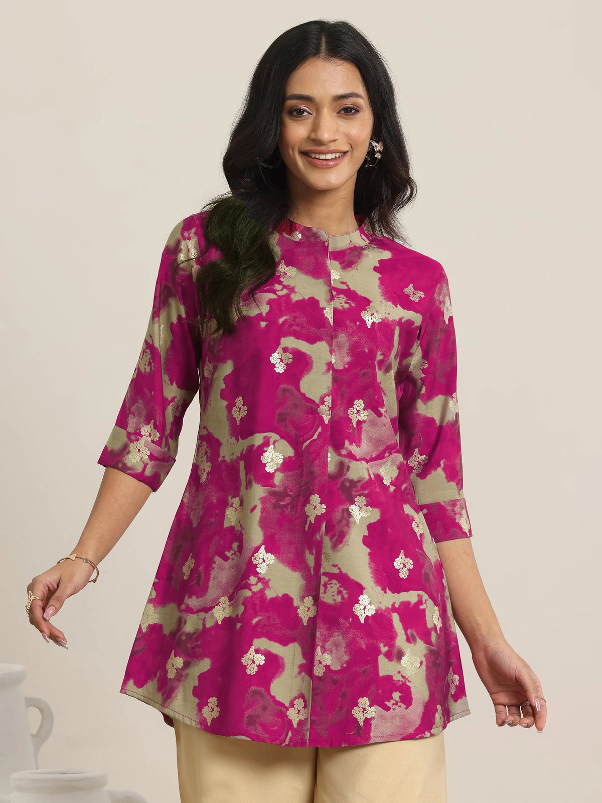 Anouk Pink Printed Silk Blend Straight Short Kurti