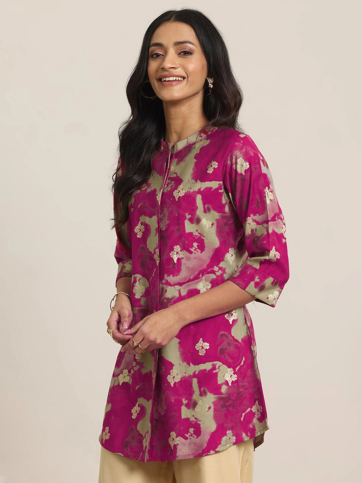 Anouk Pink Printed Silk Blend Straight Short Kurti