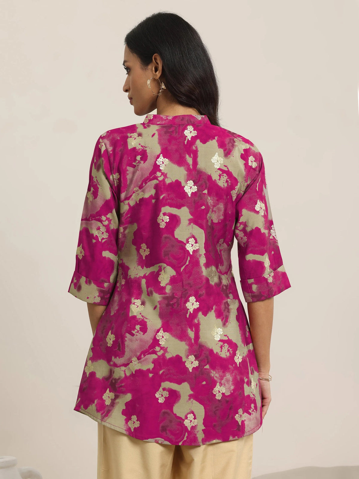 Anouk Pink Printed Silk Blend Straight Short Kurti