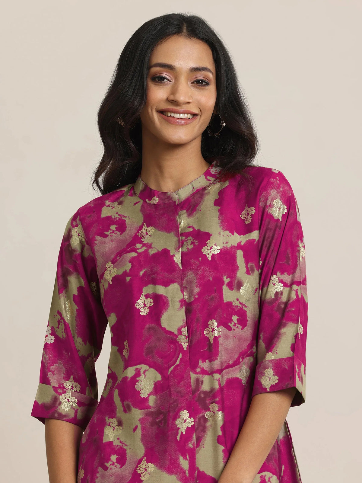 Anouk Pink Printed Silk Blend Straight Short Kurti