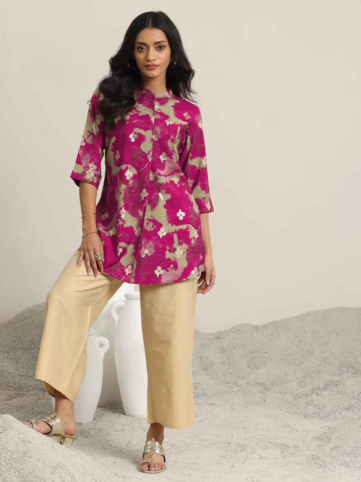 Anouk Pink Printed Silk Blend Straight Short Kurti