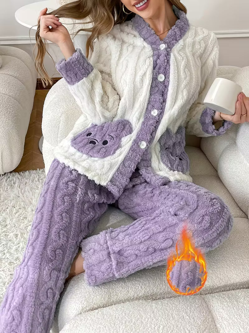Pack Of 2 Women’s Winter Loungewear Set – Bear Embroidery, Soft And Comfortable